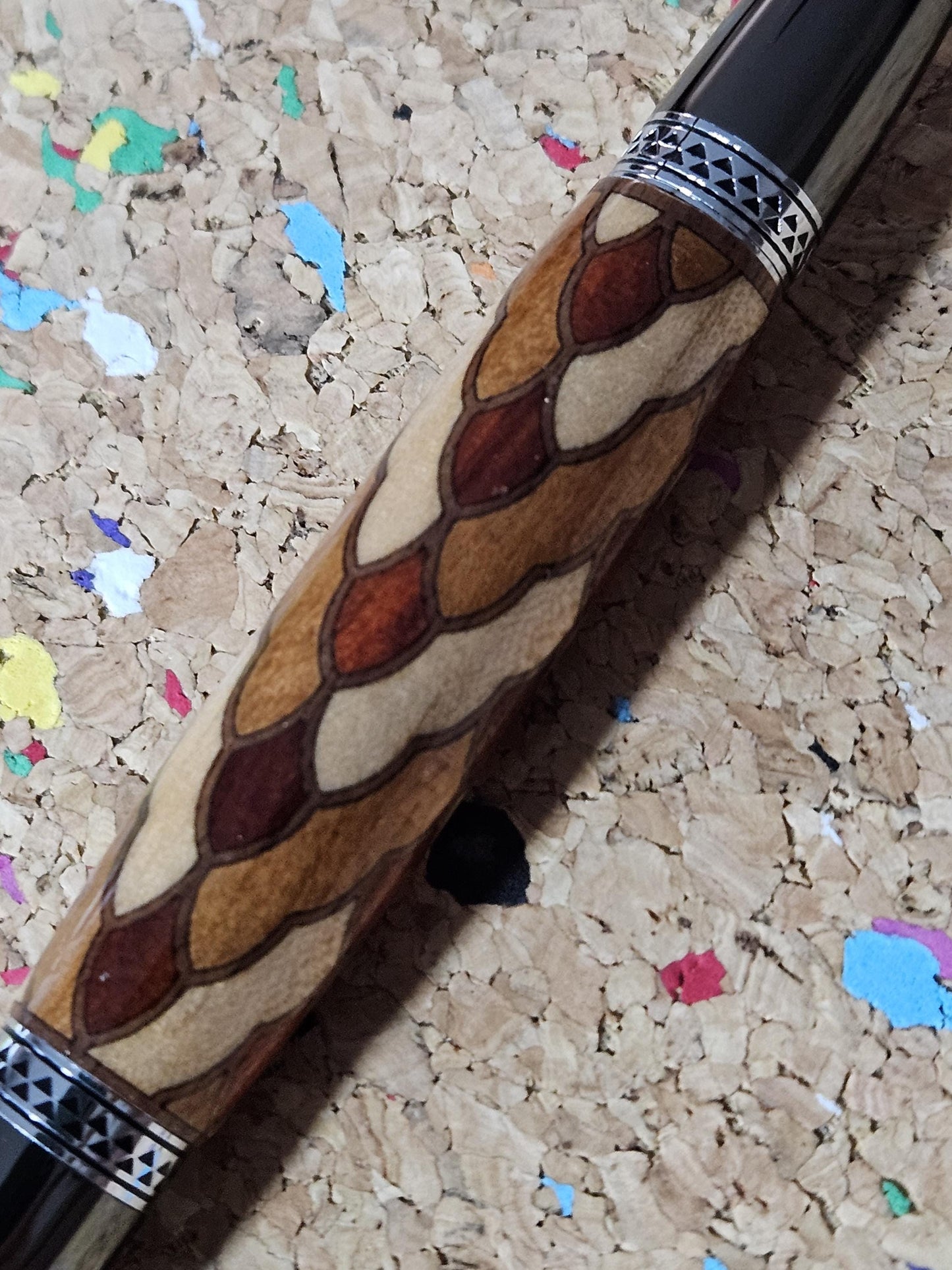 Cobb Brothers Scalloped Wooden Inlay Pen using Padauk, Mahogany, Maple, and Walnut Woods and Adorned with a Gunmetal and Chrome Pen Kit
