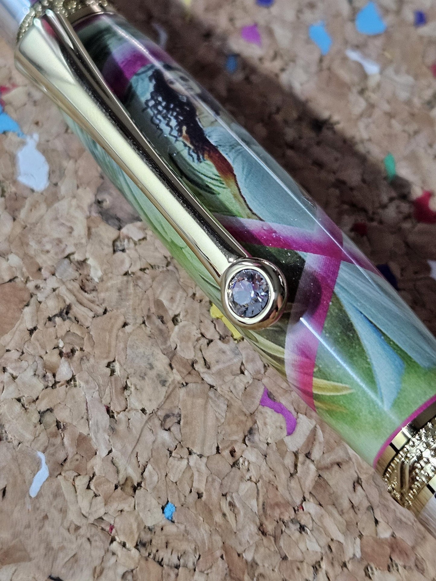Breast Cancer Awareness Angel Label Cast Pen with Chrome and Gold Accents and a Zirconium Gem in the Clip