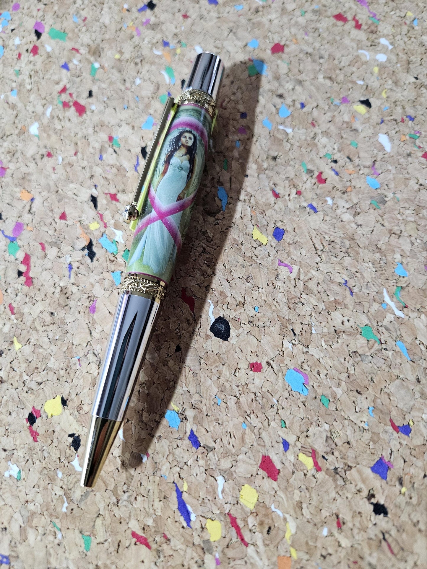 Breast Cancer Awareness Angel Label Cast Pen with Chrome and Gold Accents and a Zirconium Gem in the Clip