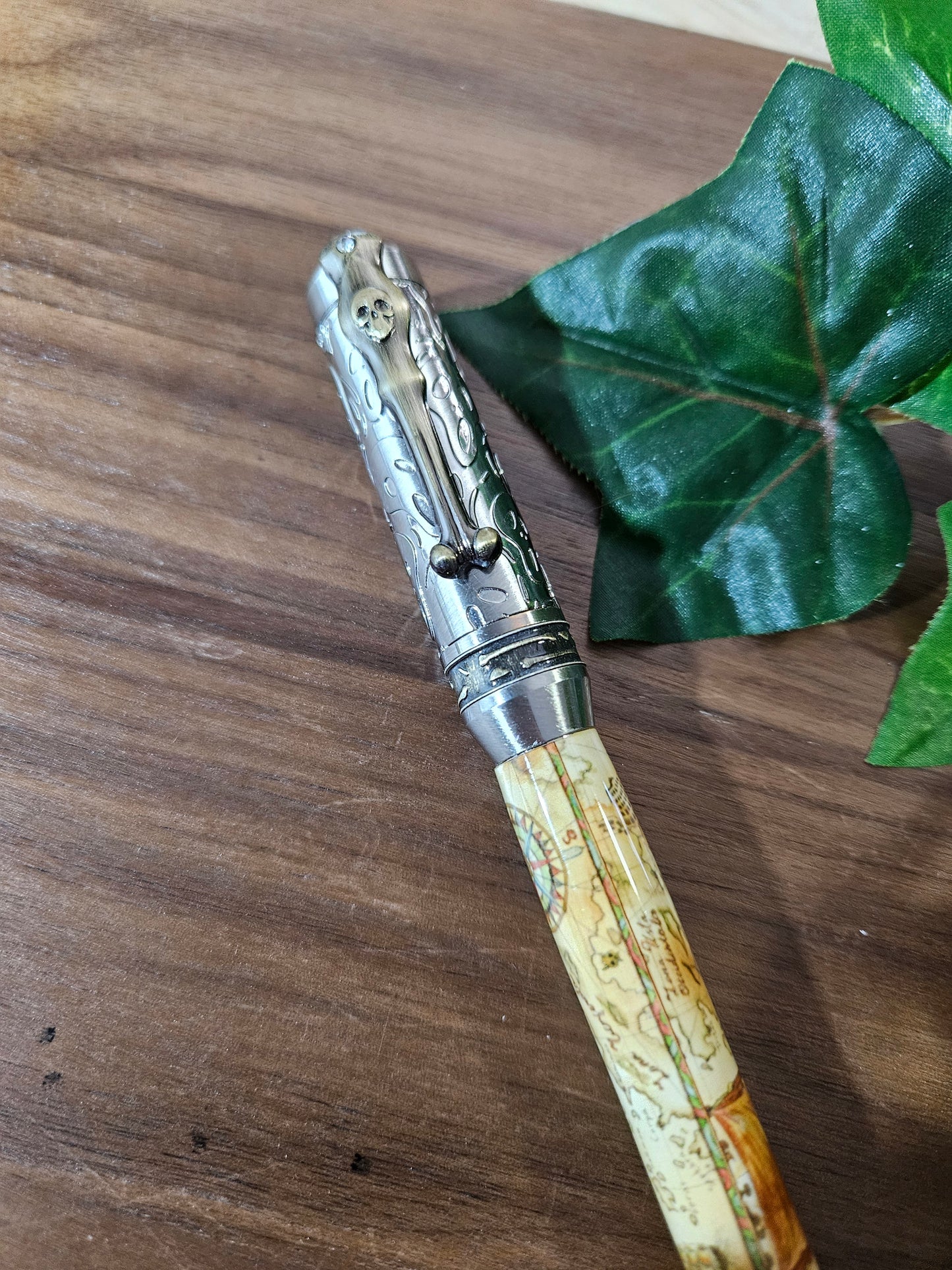 Pirate Map Label Cast Pen with Sliver Pirate, Ghost, and Skulls Pen Kit with Antique Bronze Accents