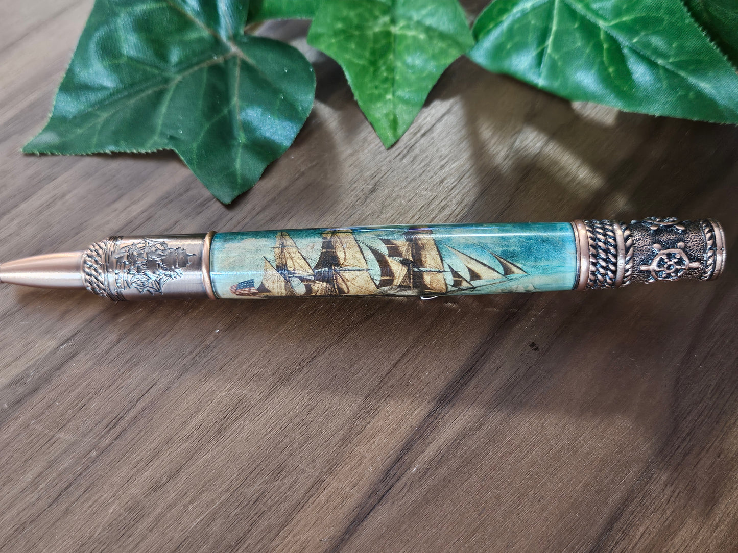 Nautical Pen Kit with an Antiqued Sailing Ship Label Cast and an Antique Copper Finish