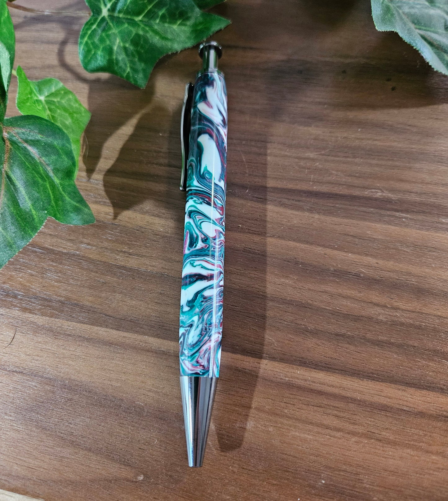 Christmas Swirl Red Green and White Long Click Pen with a Gunmetal Pen Kit