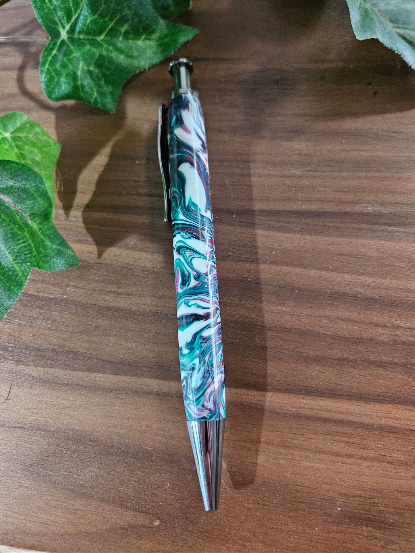 Christmas Swirl Red Green and White Long Click Pen with a Gunmetal Pen Kit