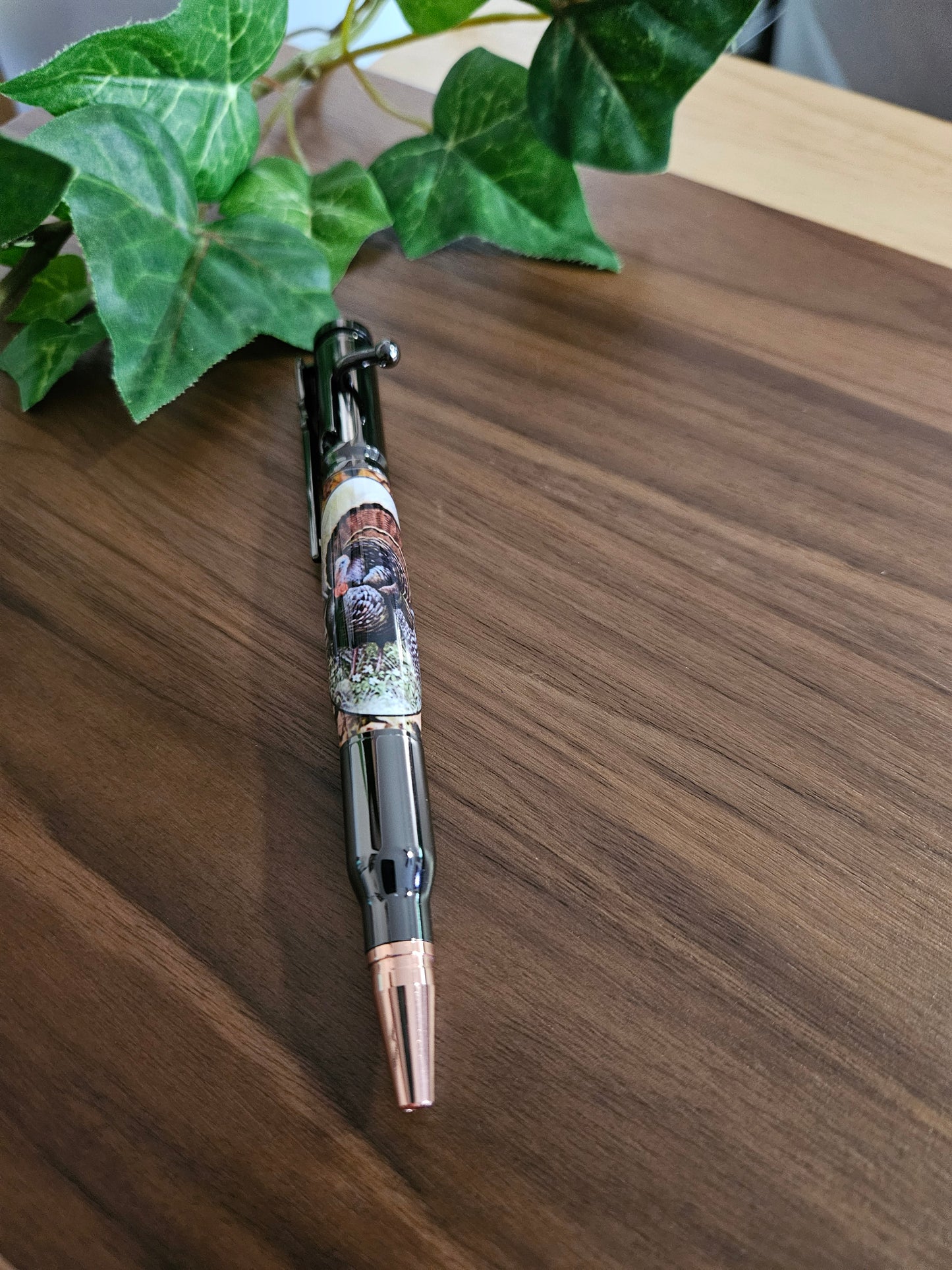 Turkey Hunters Label Cast Bolt Action Rifle Pen with a Gunmetal Pen Kit & Fall Leaves Background - Unique Gift for Outdoor Enthusiasts