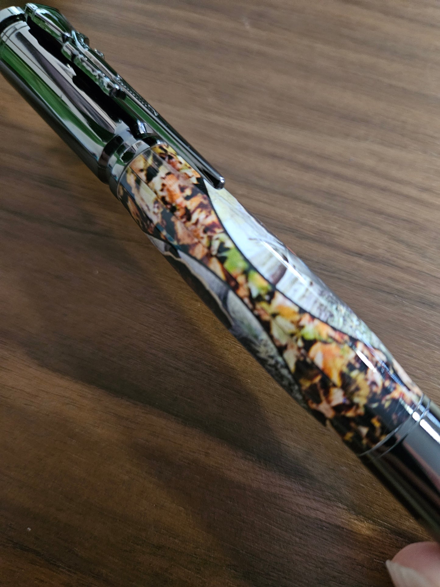Turkey Hunters Label Cast Bolt Action Rifle Pen with a Gunmetal Pen Kit & Fall Leaves Background - Unique Gift for Outdoor Enthusiasts