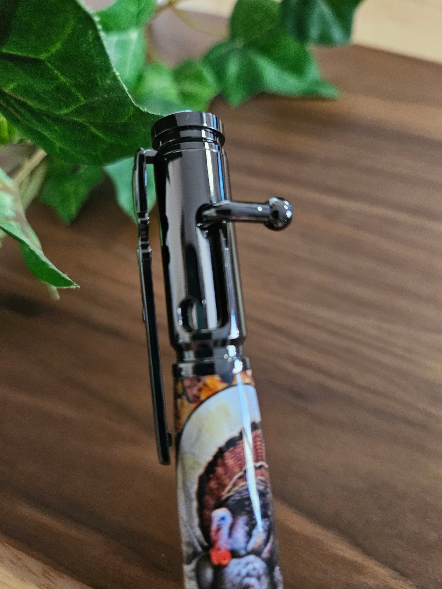 Turkey Hunters Label Cast Bolt Action Rifle Pen with a Gunmetal Pen Kit & Fall Leaves Background - Unique Gift for Outdoor Enthusiasts