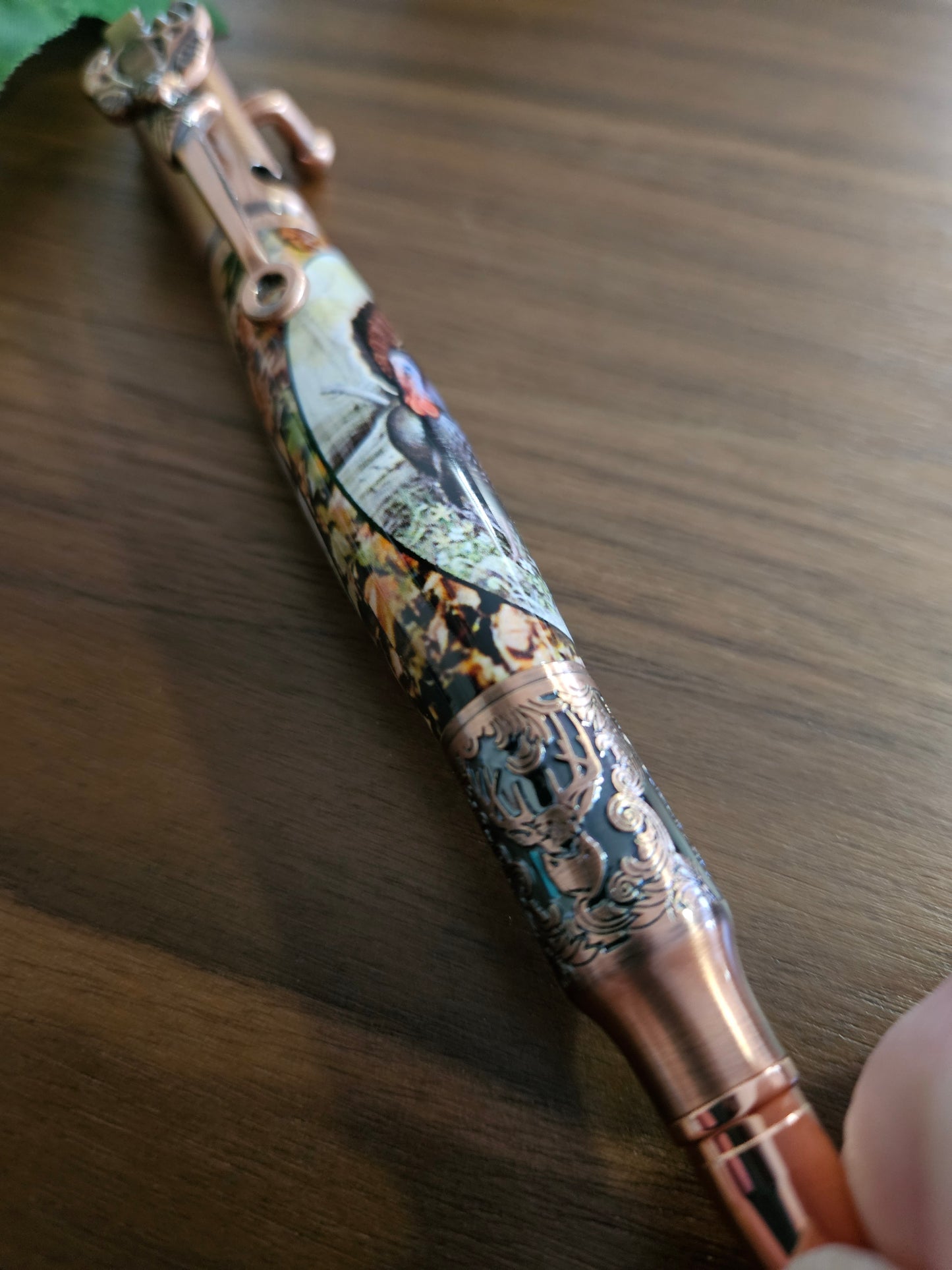 Turkey Hunters Label Cast Bolt Action Deer Hunter Pen with an Antiqued Copper Pen Kit & Fall Leaves Background, Gift for Outdoor Enthusiasts