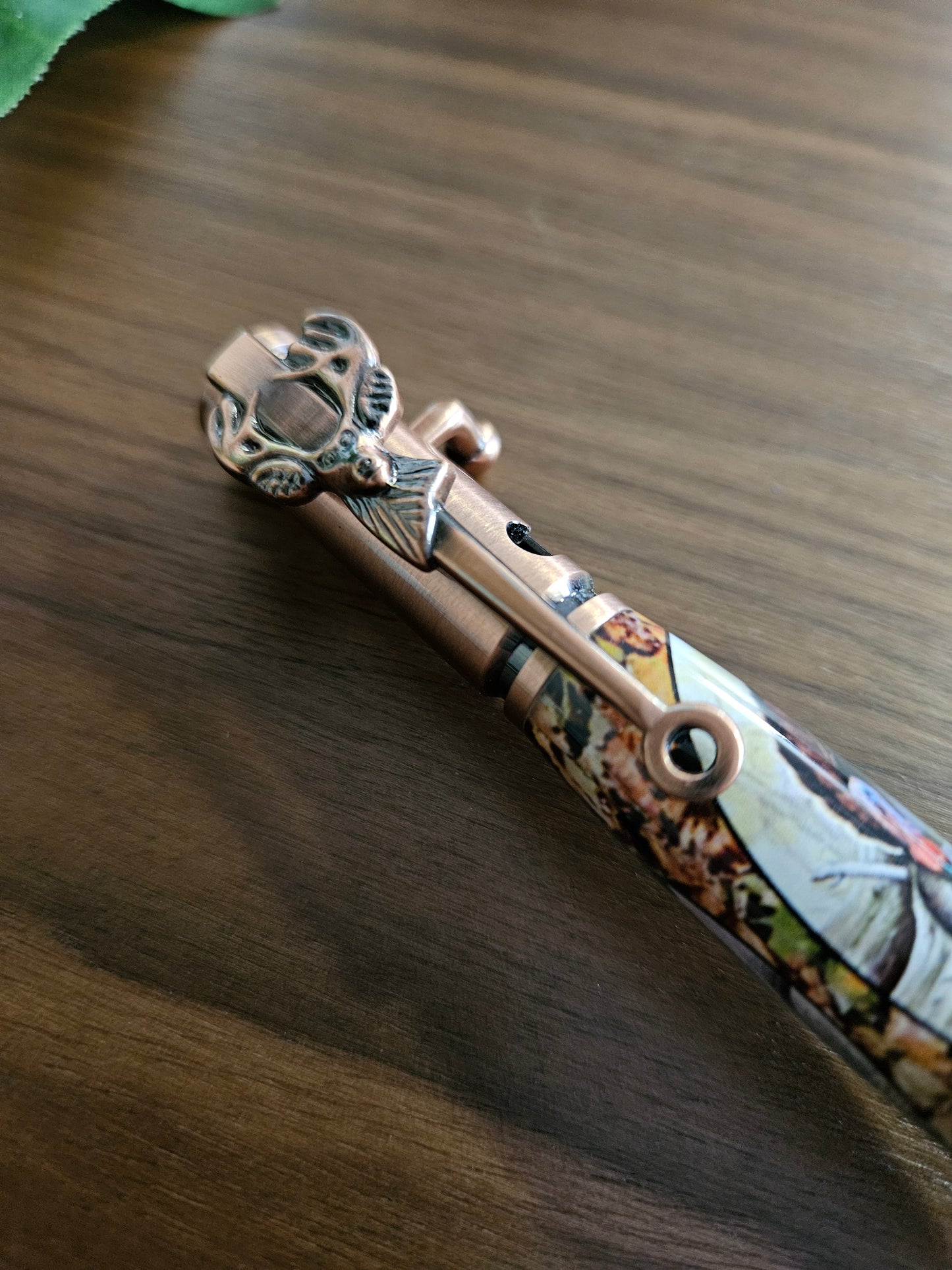 Turkey Hunters Label Cast Bolt Action Deer Hunter Pen with an Antiqued Copper Pen Kit & Fall Leaves Background, Gift for Outdoor Enthusiasts