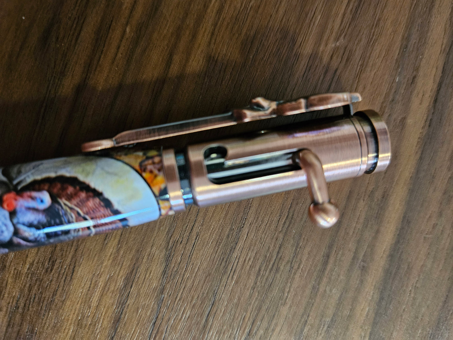 Turkey Hunters Label Cast Bolt Action Deer Hunter Pen with an Antiqued Copper Pen Kit & Fall Leaves Background, Gift for Outdoor Enthusiasts