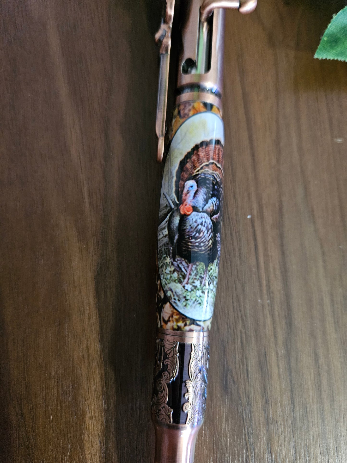 Turkey Hunters Label Cast Bolt Action Deer Hunter Pen with an Antiqued Copper Pen Kit & Fall Leaves Background, Gift for Outdoor Enthusiasts