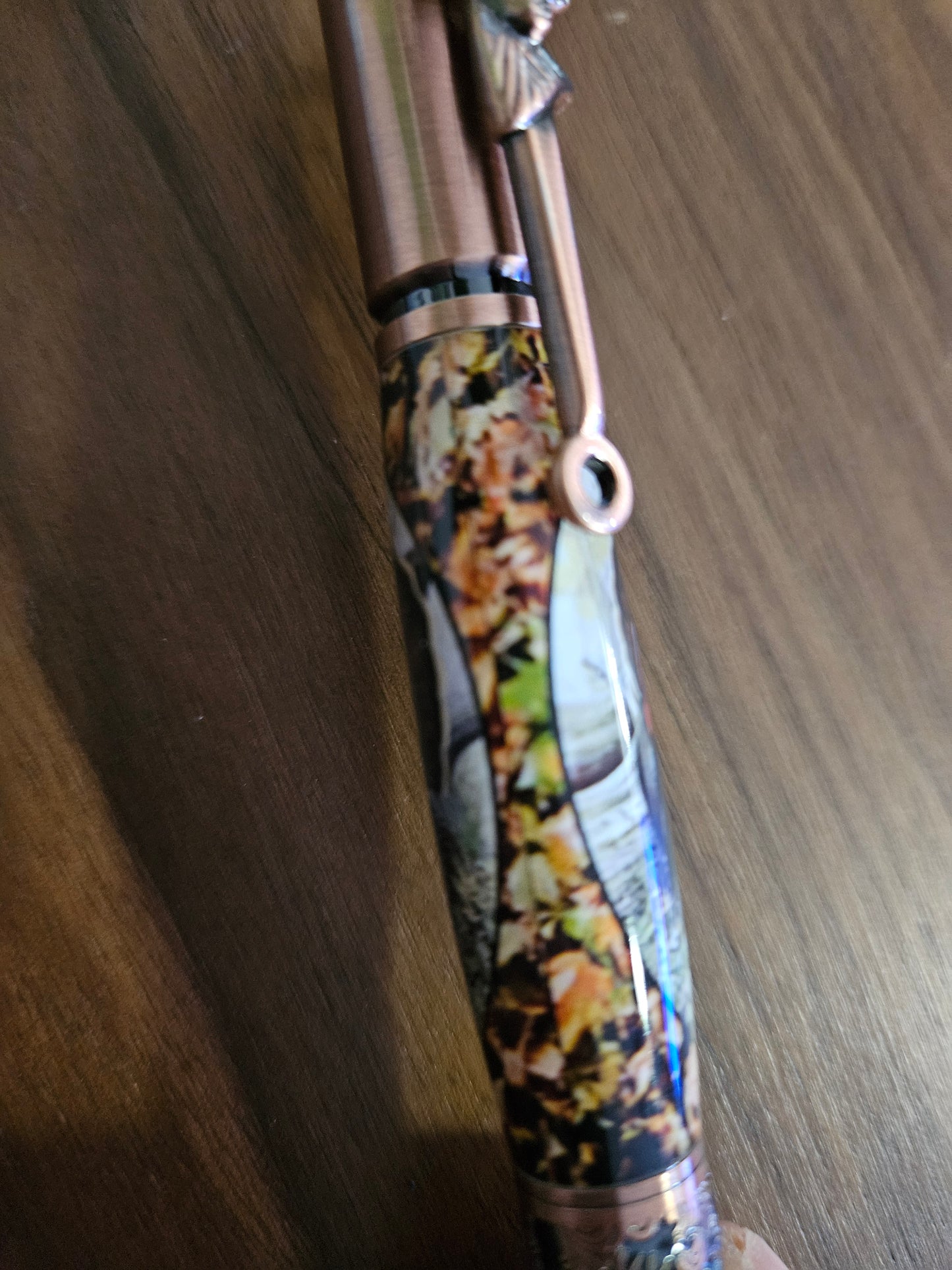 Turkey Hunters Label Cast Bolt Action Deer Hunter Pen with an Antiqued Copper Pen Kit & Fall Leaves Background, Gift for Outdoor Enthusiasts