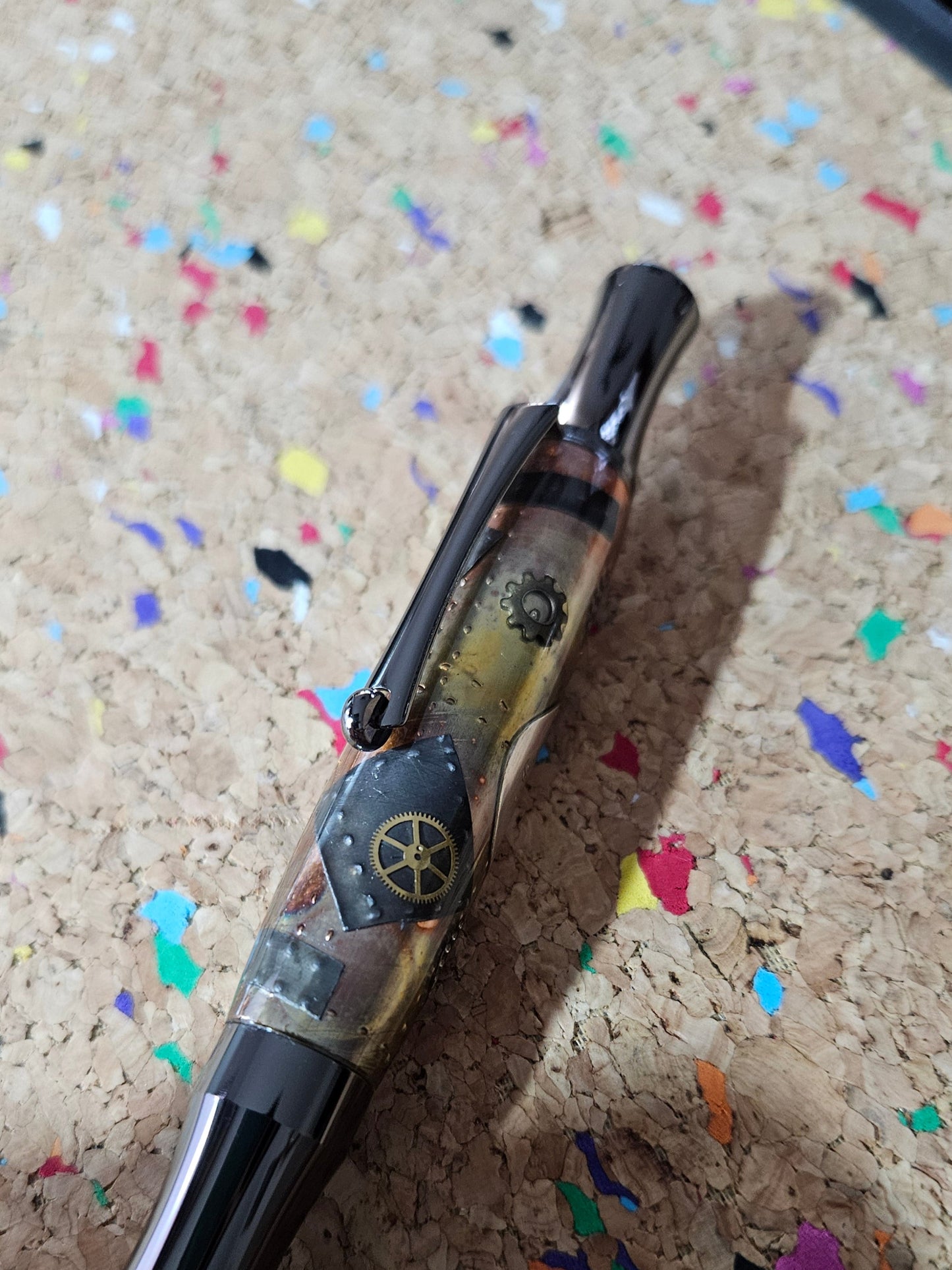 Steampunk Clock Face Pen - Unique Roller Clip with Clock Gears & Metal Pieces - Black Titanium Pen Kit