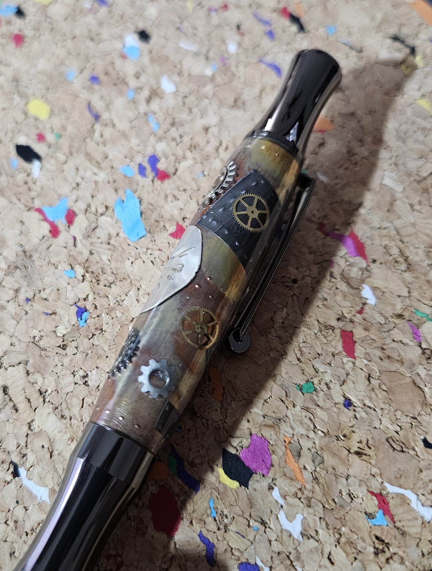 Steampunk Clock Face Pen - Unique Roller Clip with Clock Gears & Metal Pieces - Black Titanium Pen Kit