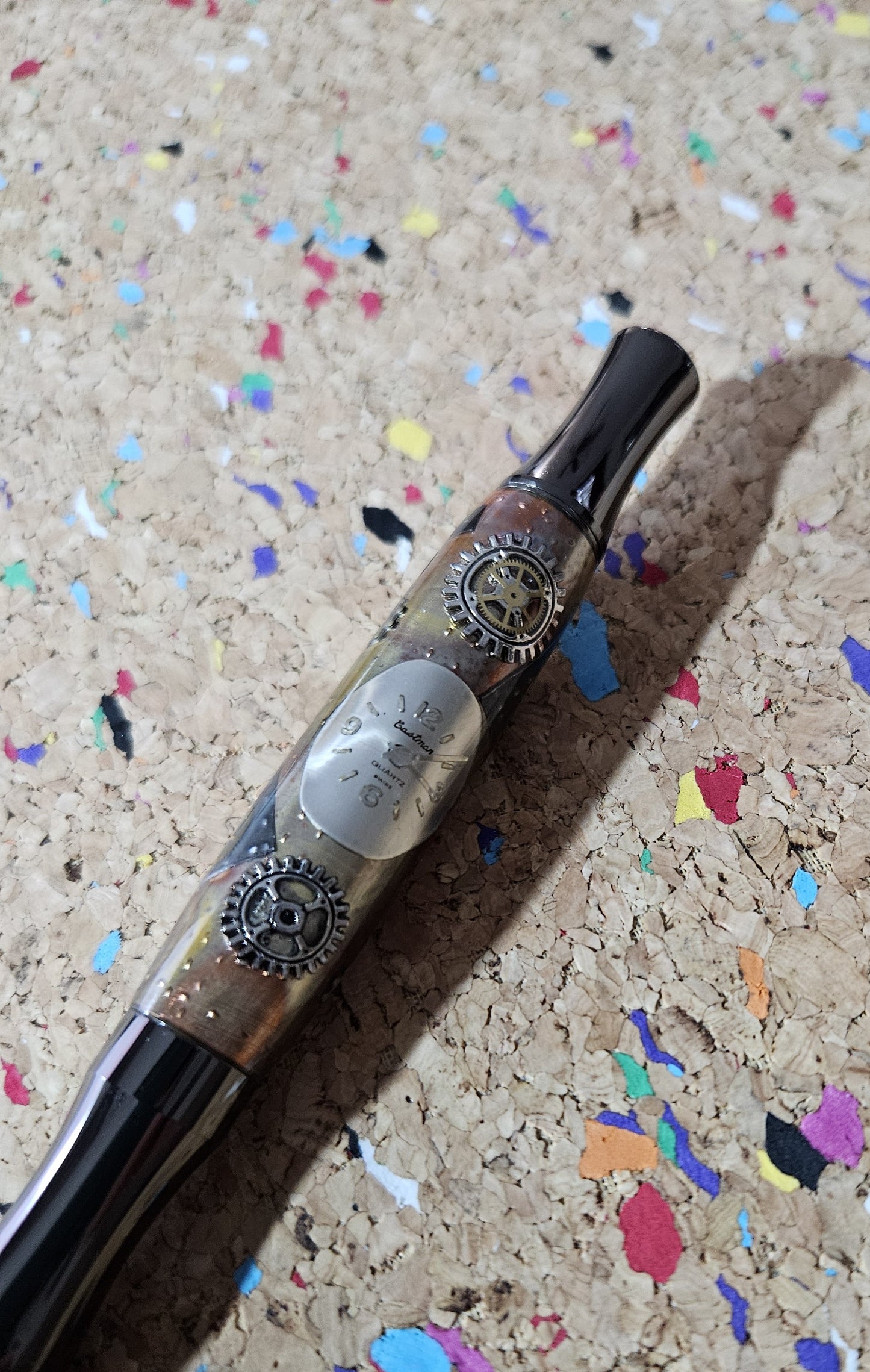 Steampunk Clock Face Pen - Unique Roller Clip with Clock Gears & Metal Pieces - Black Titanium Pen Kit