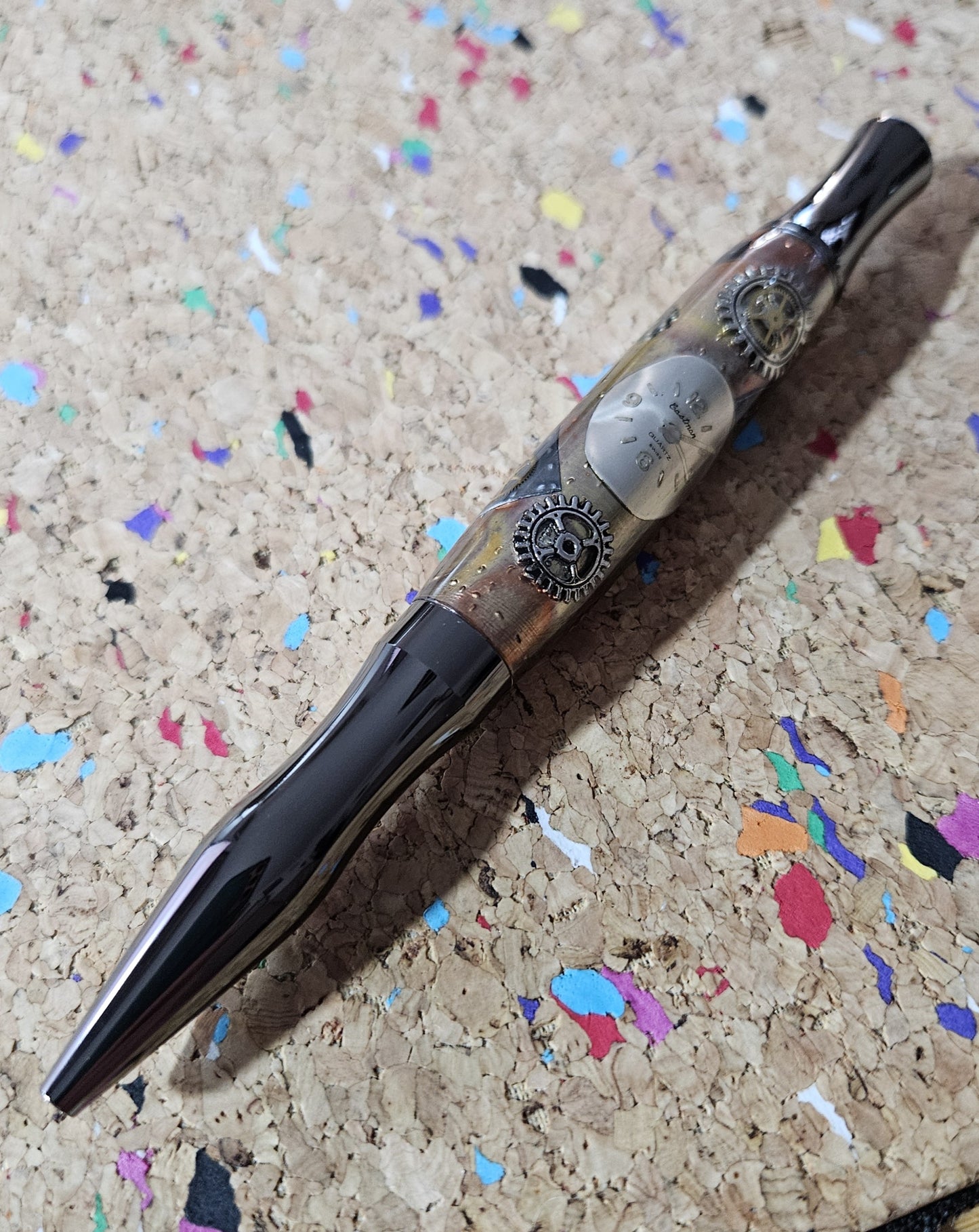Steampunk Clock Face Pen - Unique Roller Clip with Clock Gears & Metal Pieces - Black Titanium Pen Kit