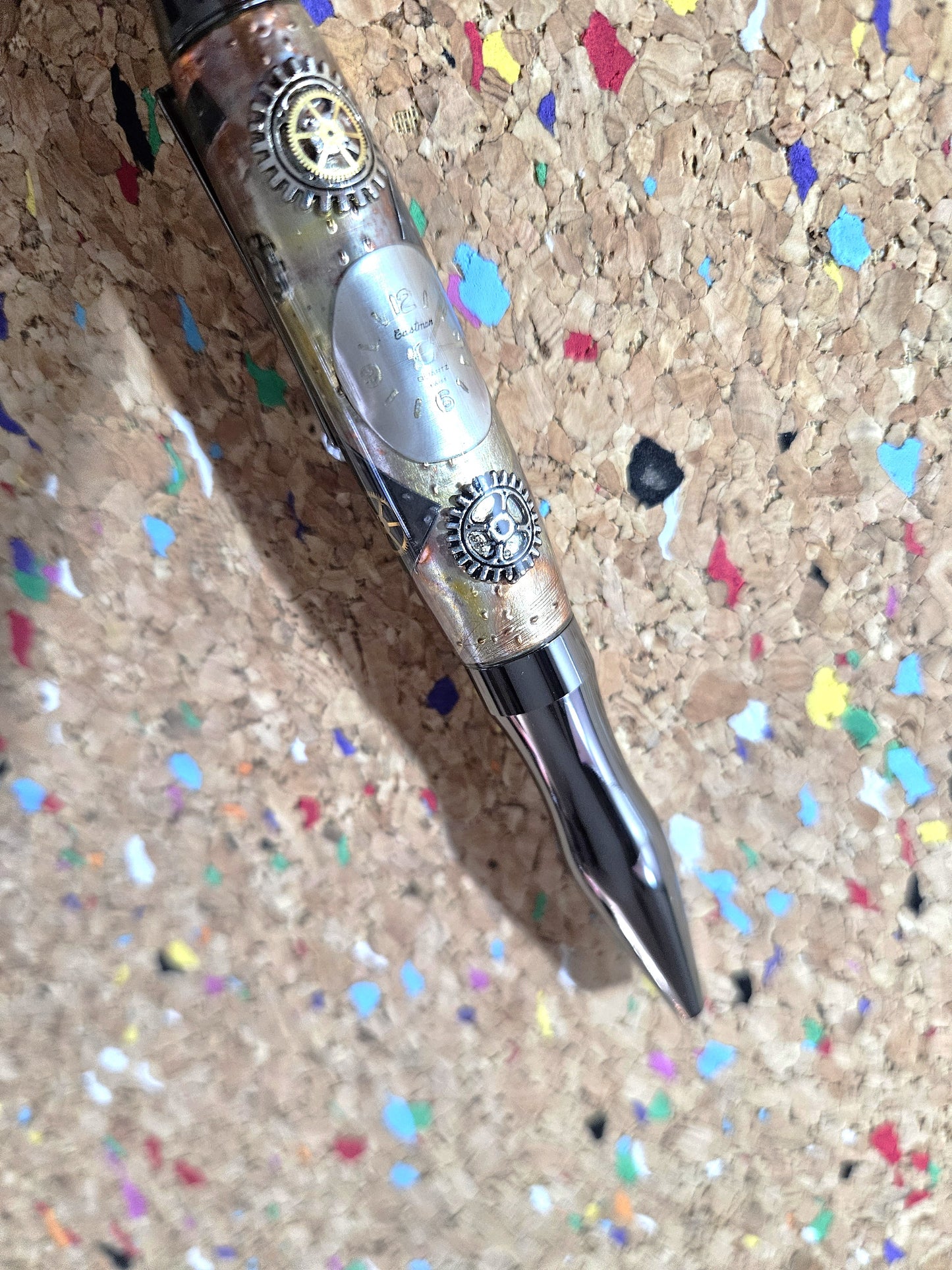 Steampunk Clock Face Pen - Unique Roller Clip with Clock Gears & Metal Pieces - Black Titanium Pen Kit