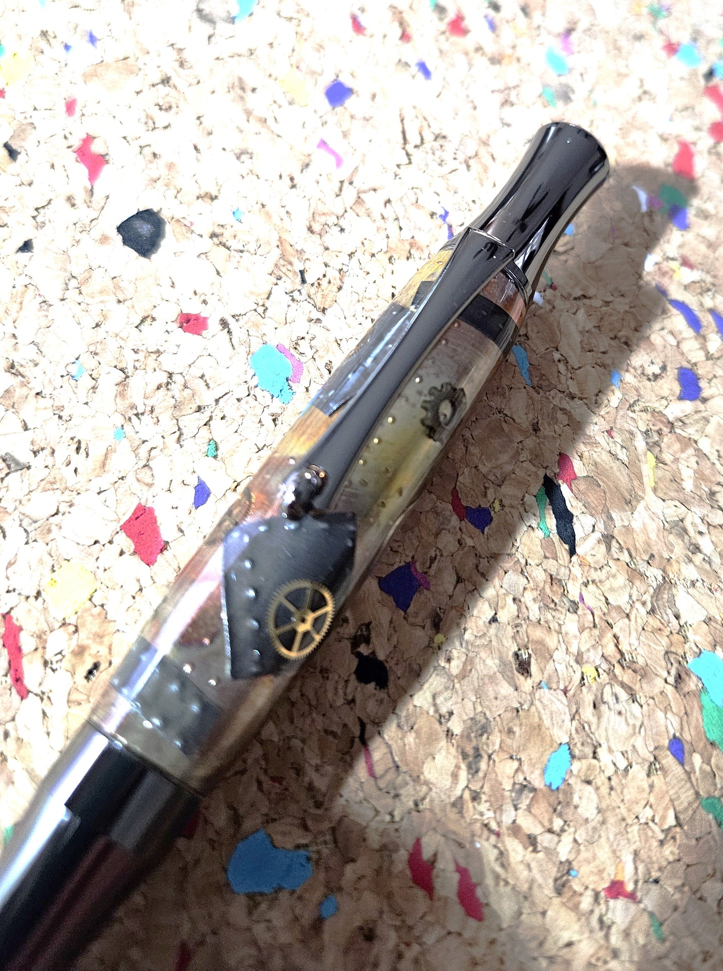 Steampunk Clock Face Pen - Unique Roller Clip with Clock Gears & Metal Pieces - Black Titanium Pen Kit
