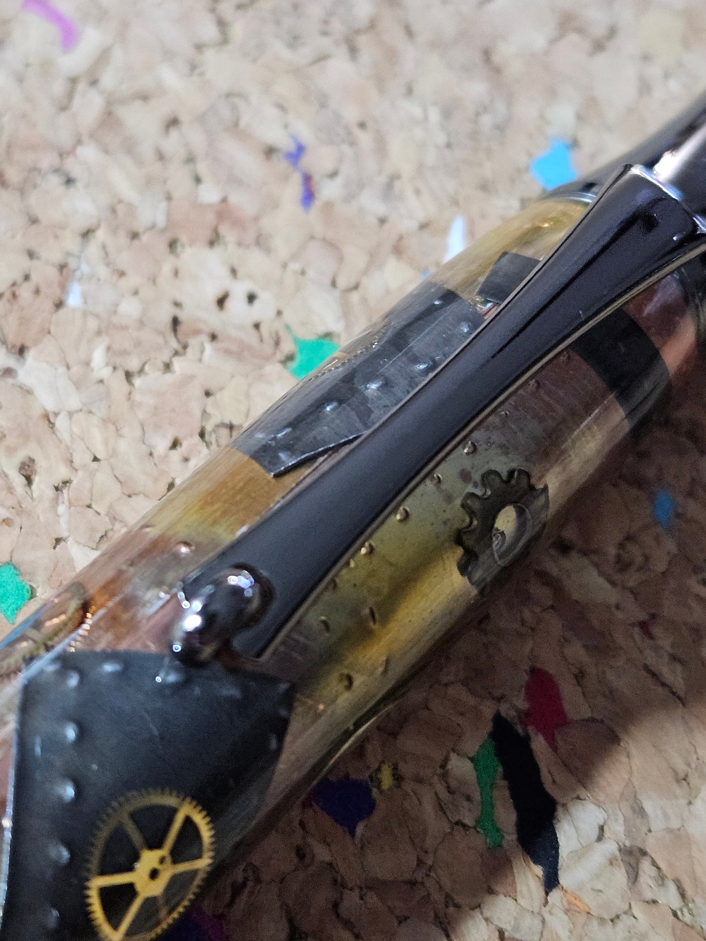 Steampunk Clock Face Pen - Unique Roller Clip with Clock Gears & Metal Pieces - Black Titanium Pen Kit