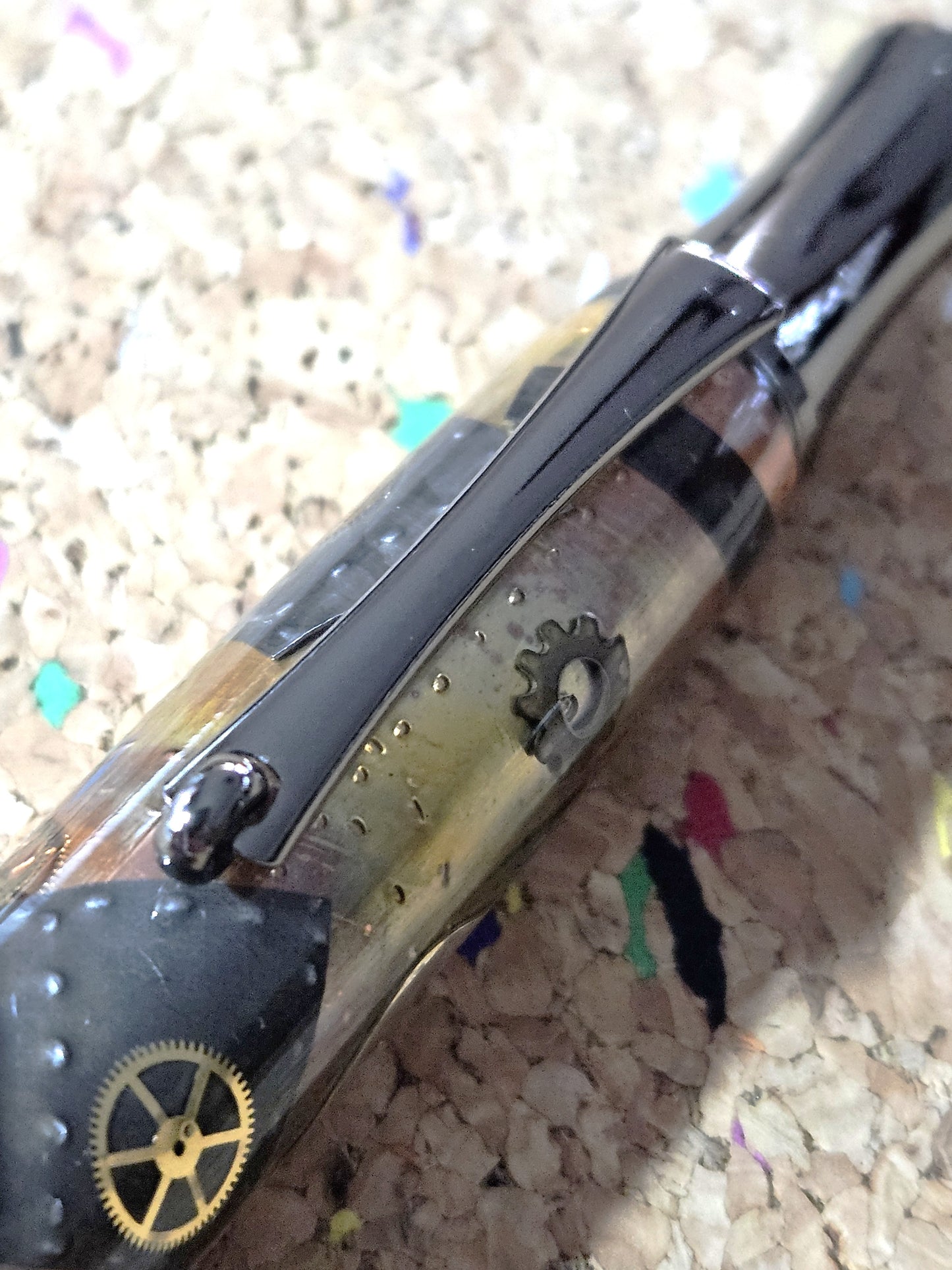 Steampunk Clock Face Pen - Unique Roller Clip with Clock Gears & Metal Pieces - Black Titanium Pen Kit
