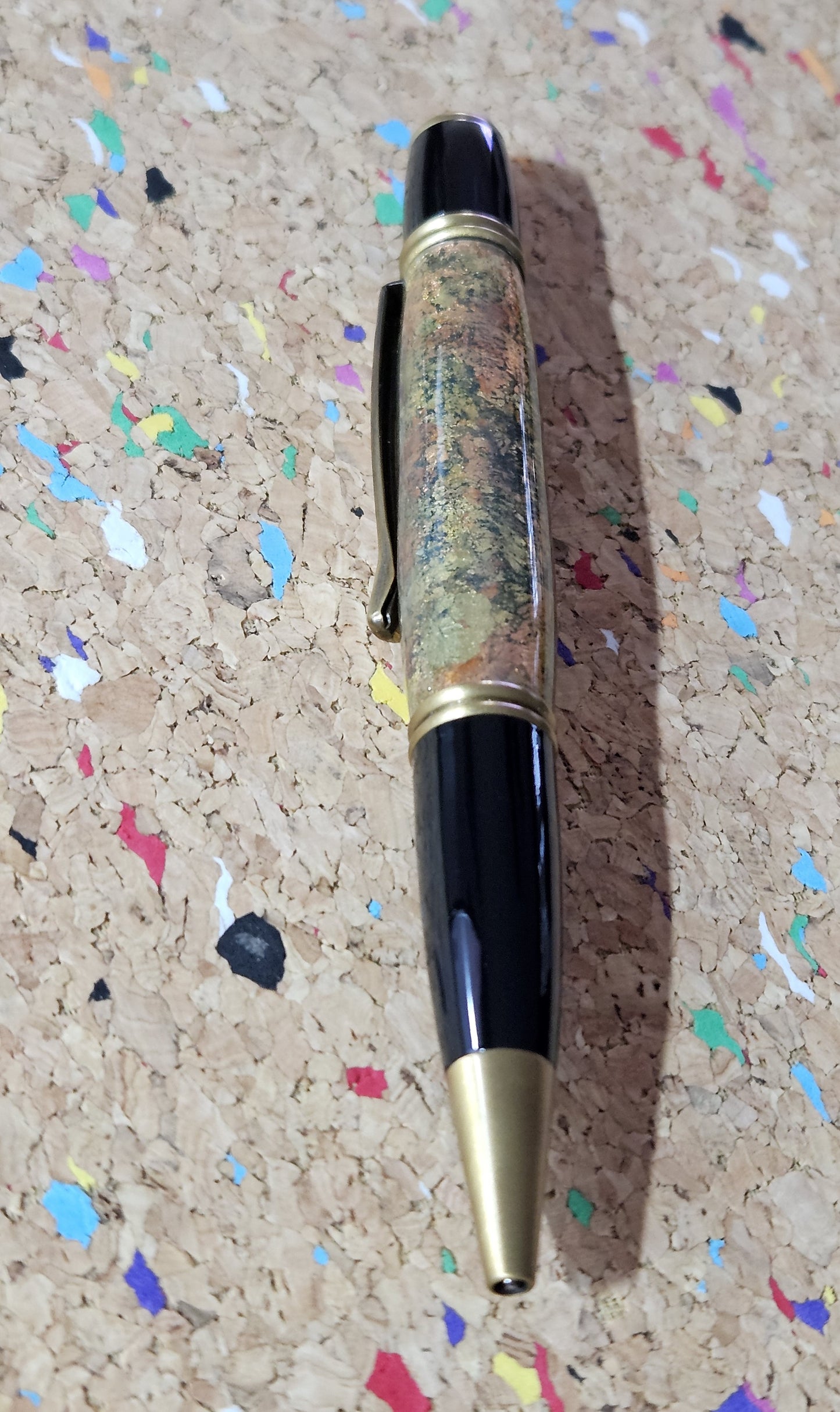 Gold and Copper Leaf Pen - Cast in Clear Resin with a Black Background & Antique Brass Accents and a Black Metal Powder Coated Pen Kit