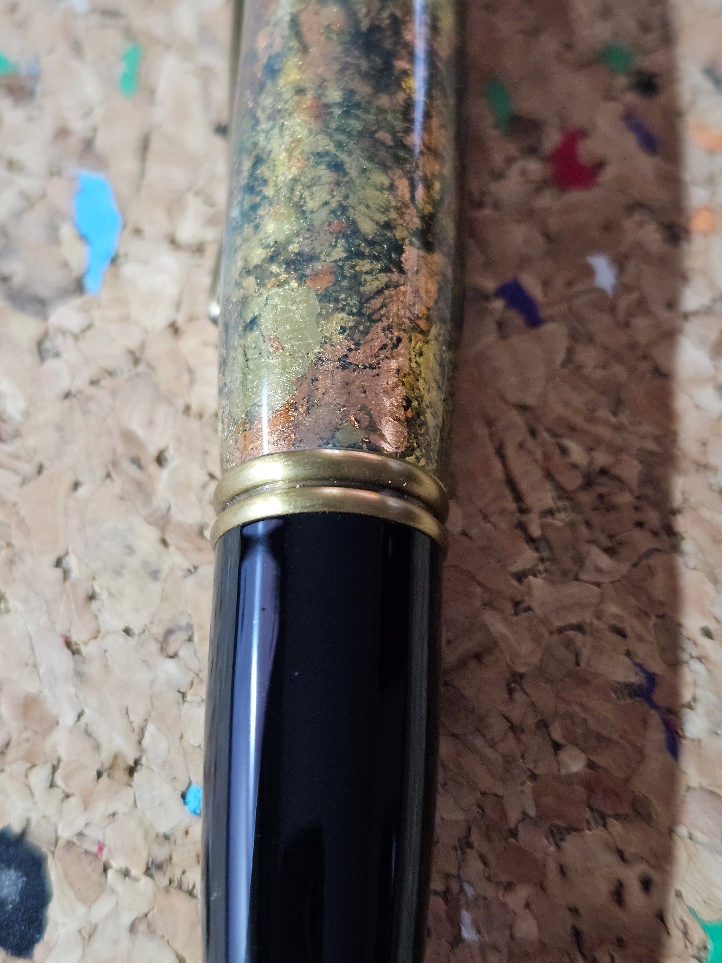 Gold and Copper Leaf Pen - Cast in Clear Resin with a Black Background & Antique Brass Accents and a Black Metal Powder Coated Pen Kit