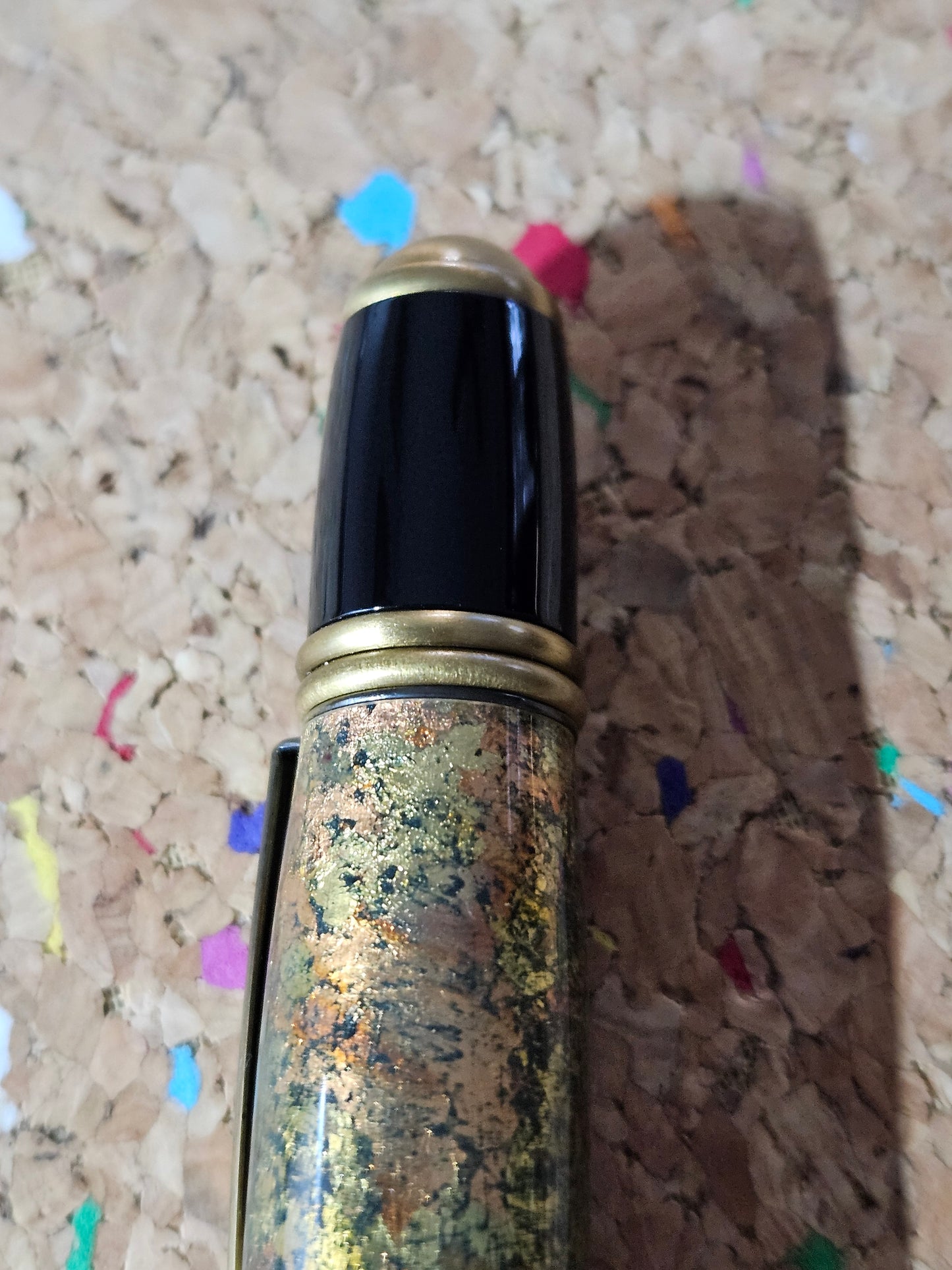 Gold and Copper Leaf Pen - Cast in Clear Resin with a Black Background & Antique Brass Accents and a Black Metal Powder Coated Pen Kit