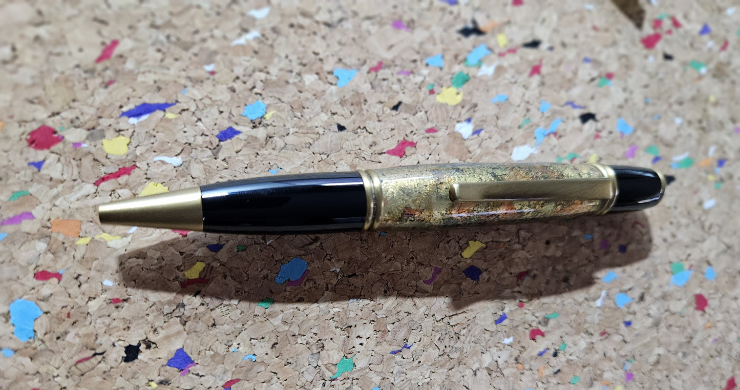 Gold and Copper Leaf Pen - Cast in Clear Resin with a Black Background & Antique Brass Accents and a Black Metal Powder Coated Pen Kit