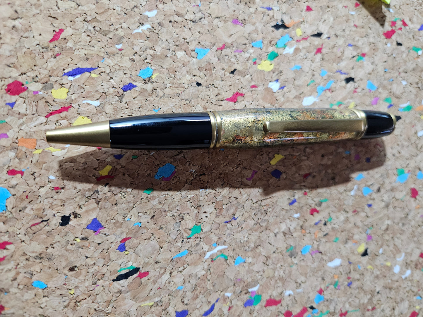 Gold and Copper Leaf Pen - Cast in Clear Resin with a Black Background & Antique Brass Accents and a Black Metal Powder Coated Pen Kit