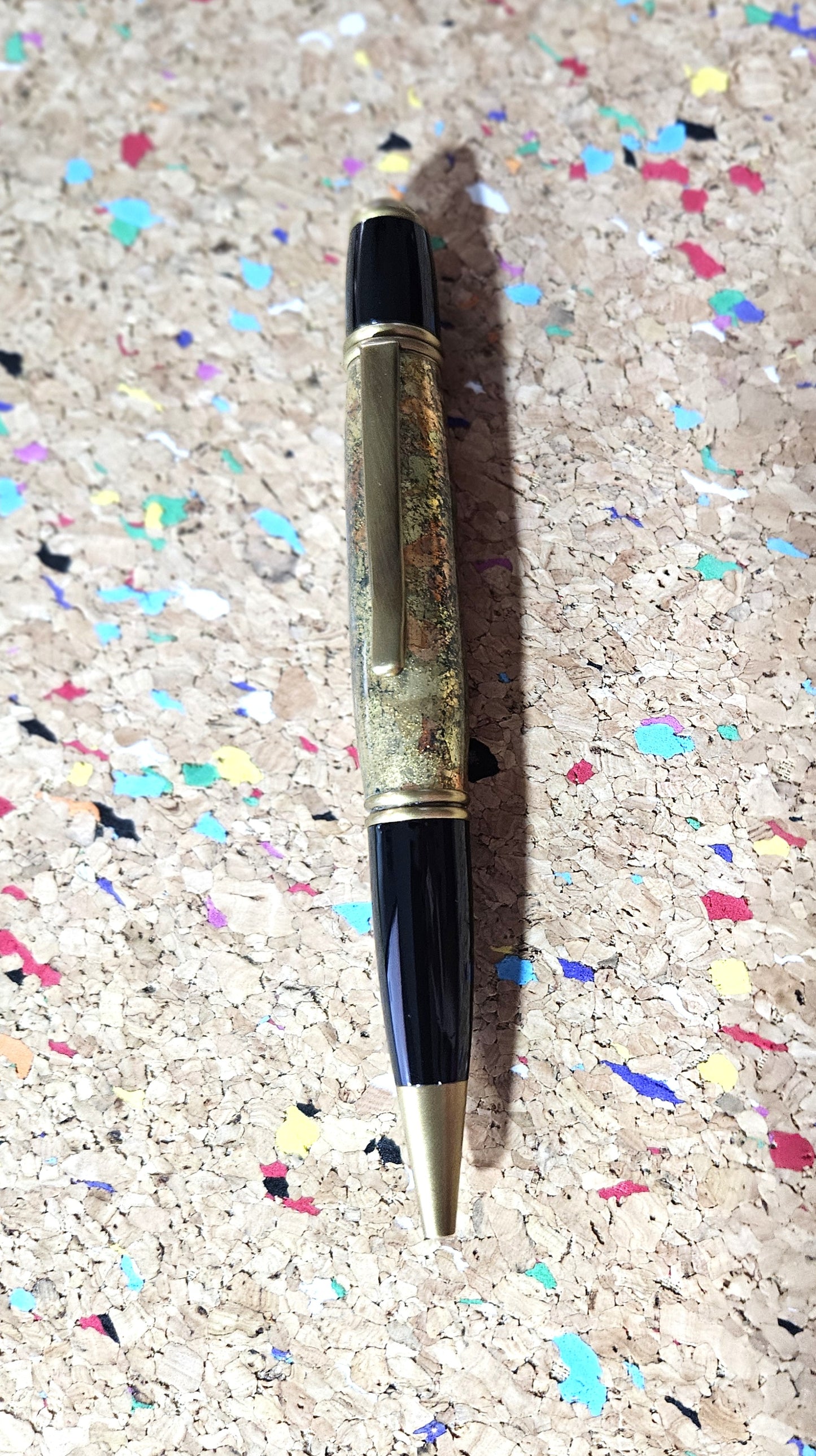 Gold and Copper Leaf Pen - Cast in Clear Resin with a Black Background & Antique Brass Accents and a Black Metal Powder Coated Pen Kit
