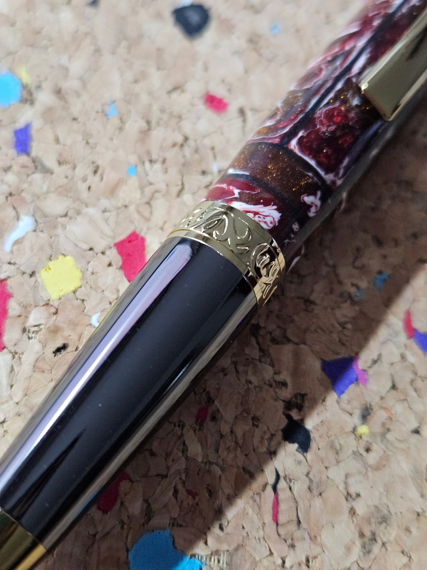 Red and White Swirled Resin Pen "Gisi Style" Flat Top with Gunmetal and Gold Accents Pen Kit