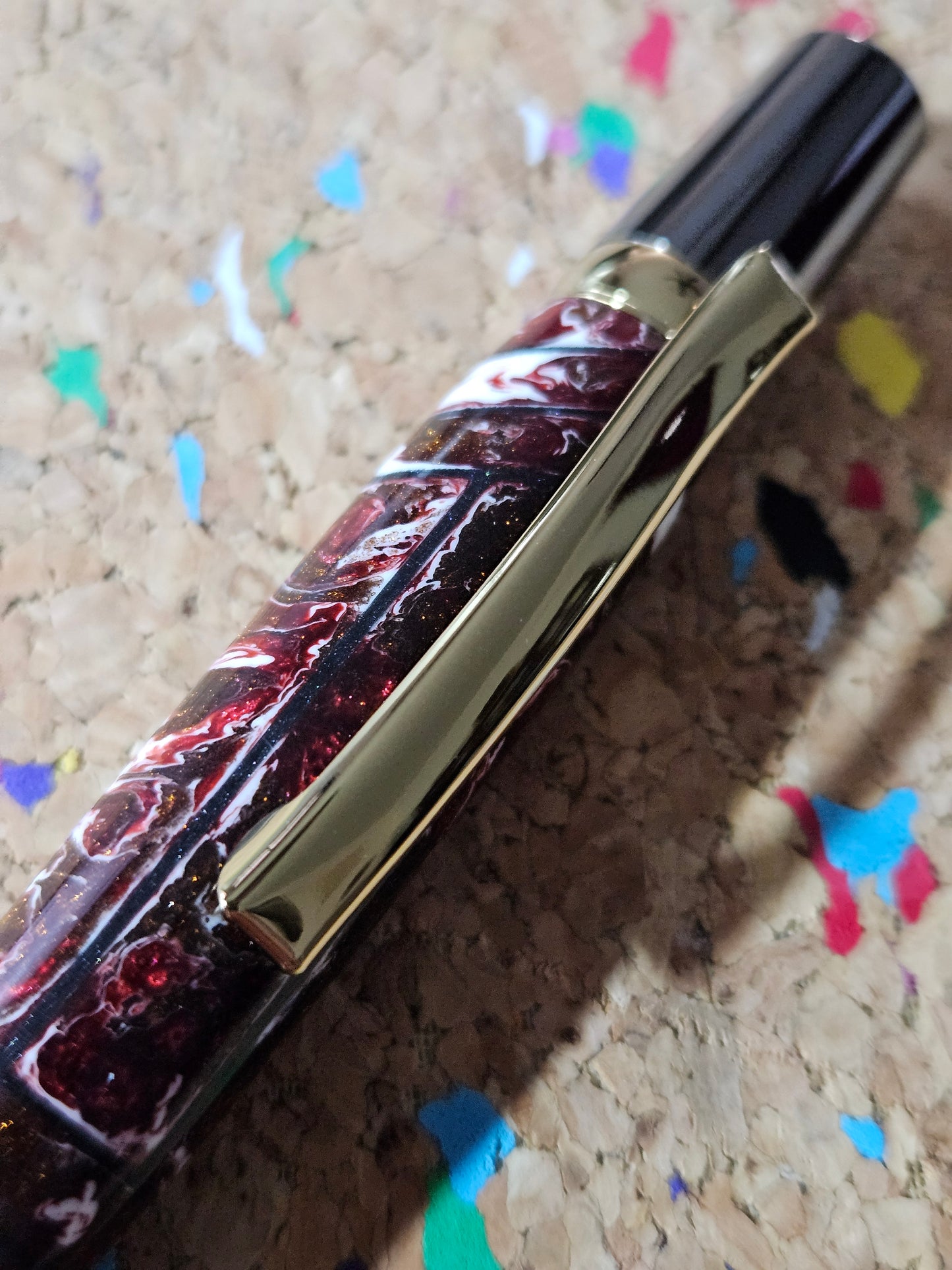 Red and White Swirled Resin Pen "Gisi Style" Flat Top with Gunmetal and Gold Accents Pen Kit