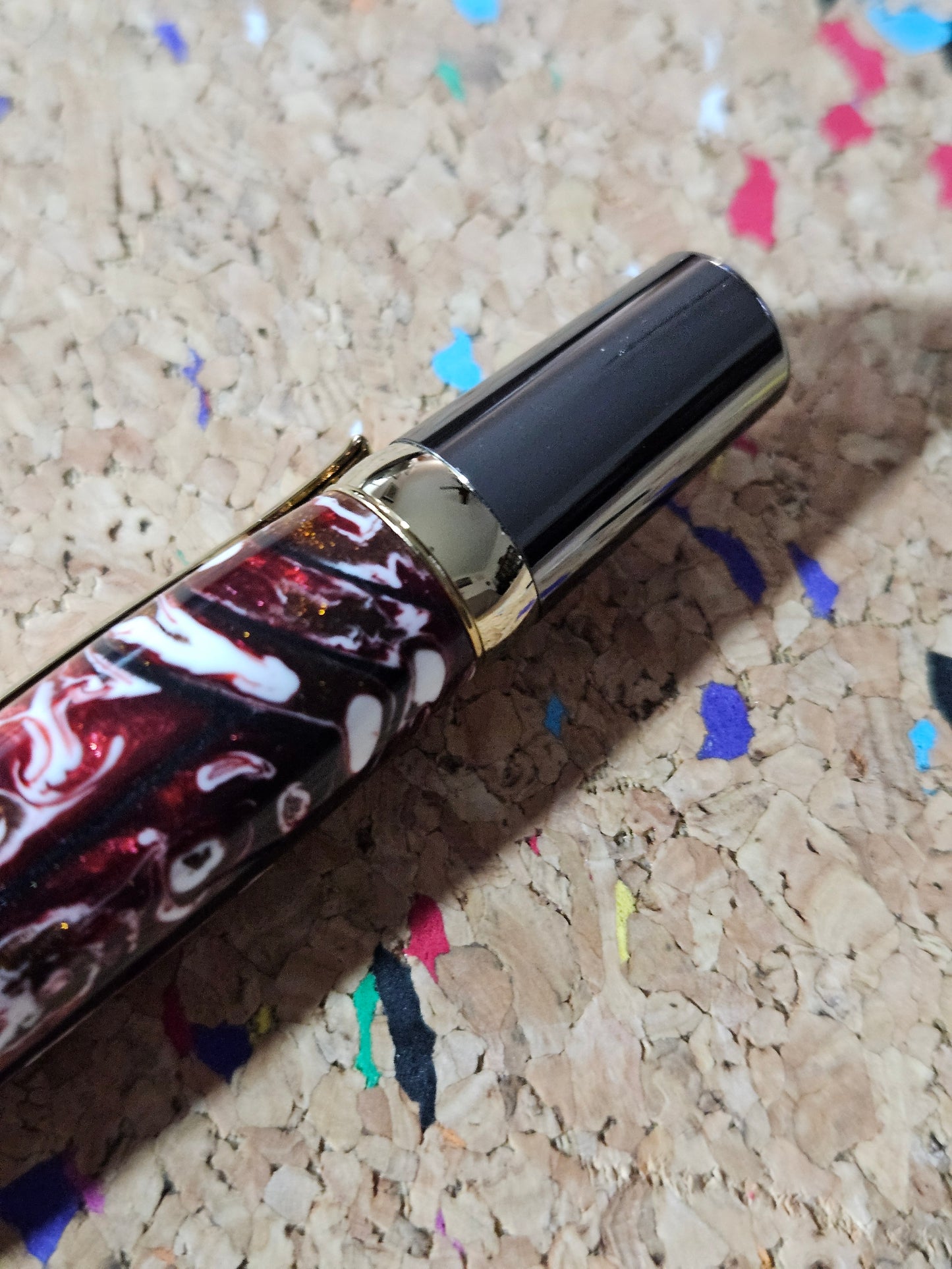 Red and White Swirled Resin Pen "Gisi Style" Flat Top with Gunmetal and Gold Accents Pen Kit