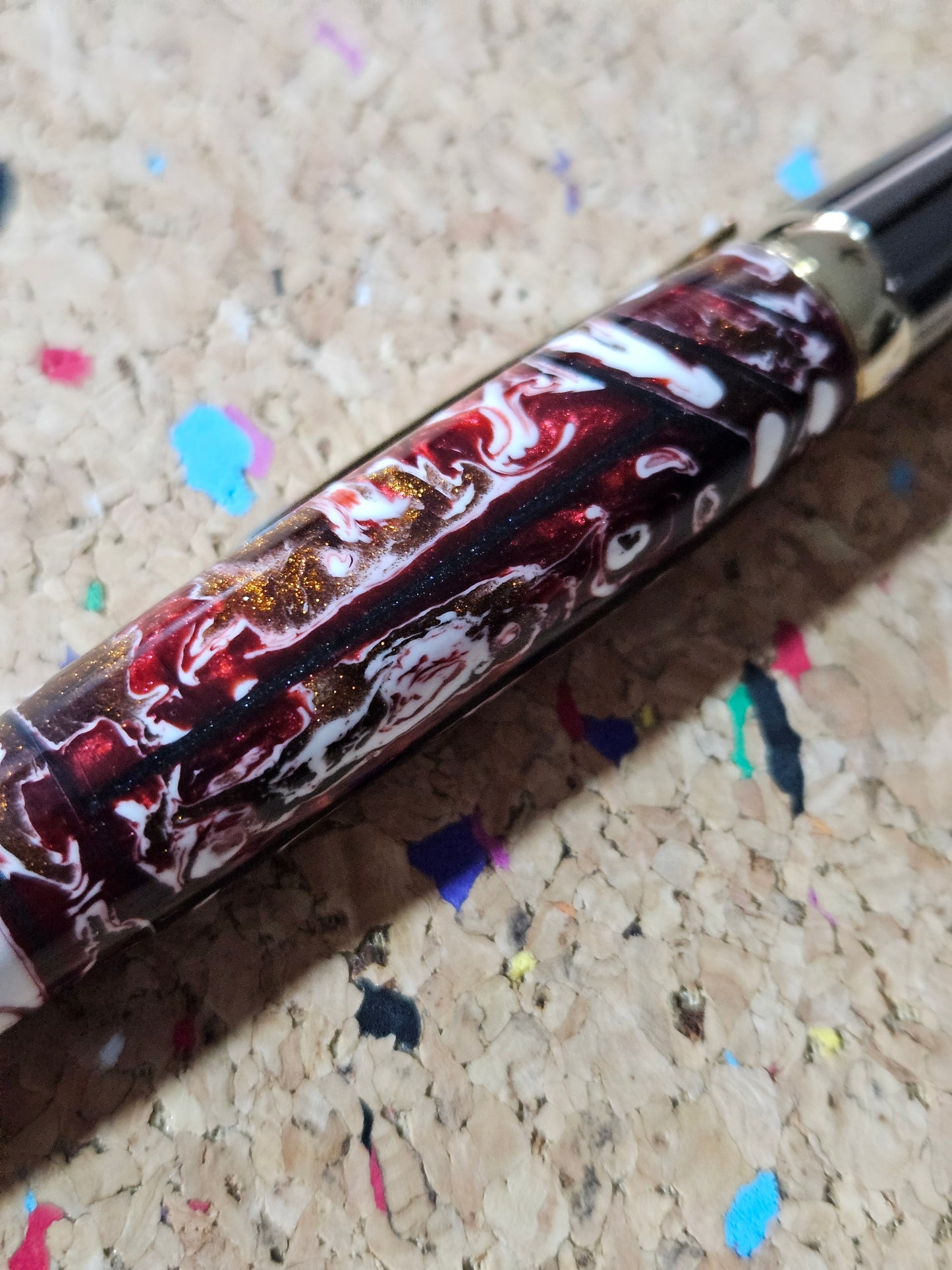 Red and White Swirled Resin Pen "Gisi Style" Flat Top with Gunmetal and Gold Accents Pen Kit