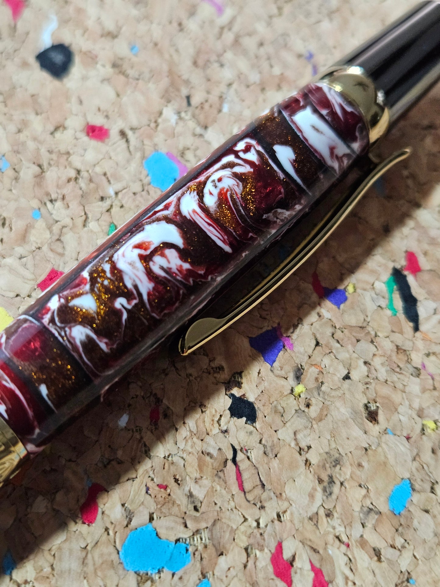 Red and White Swirled Resin Pen "Gisi Style" Flat Top with Gunmetal and Gold Accents Pen Kit