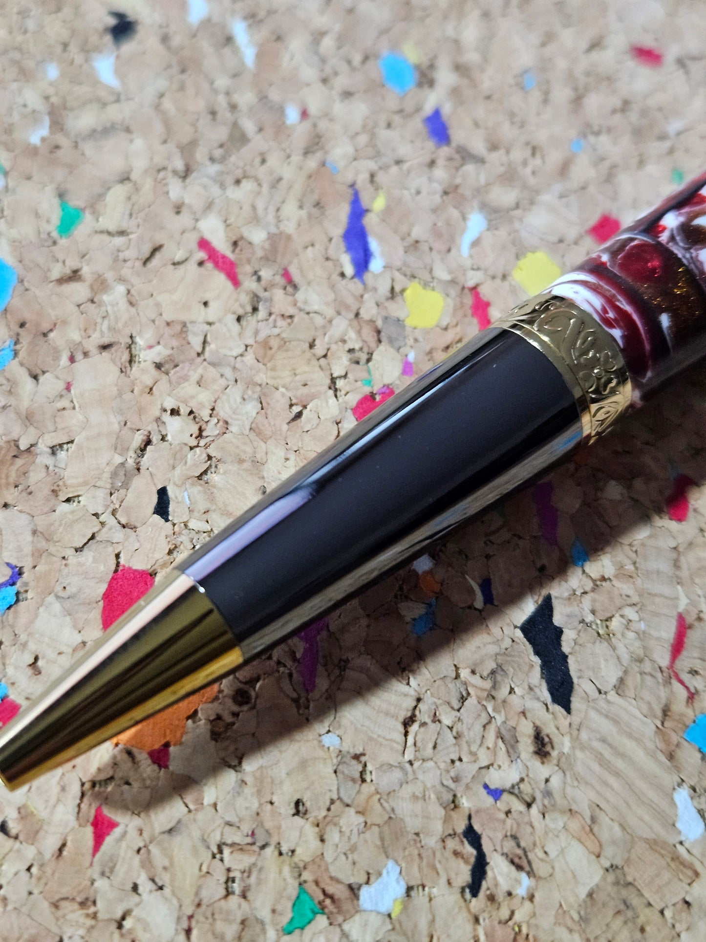 Red and White Swirled Resin Pen "Gisi Style" Flat Top with Gunmetal and Gold Accents Pen Kit