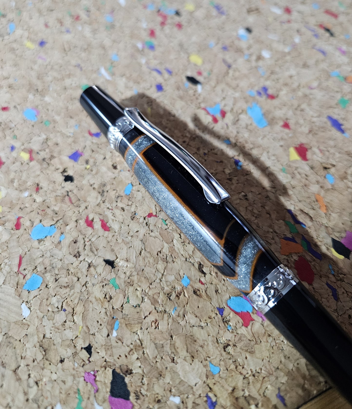Glittery Silver and Grey Swirled Resin with Rustic Orange Chevrons "Gisi Style" a Black Body and Chrome with Black Accents Pen Kit