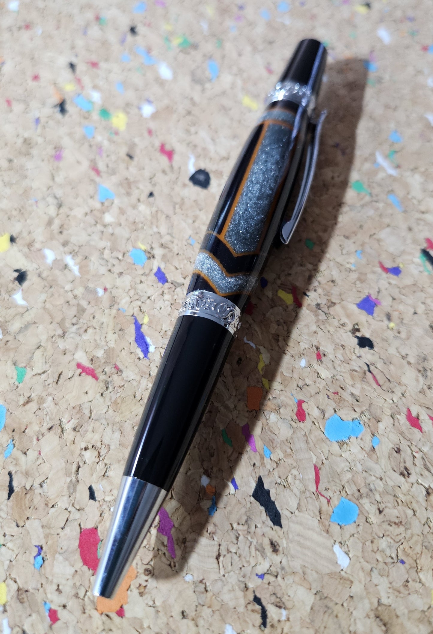 Glittery Silver and Grey Swirled Resin with Rustic Orange Chevrons "Gisi Style" a Black Body and Chrome with Black Accents Pen Kit