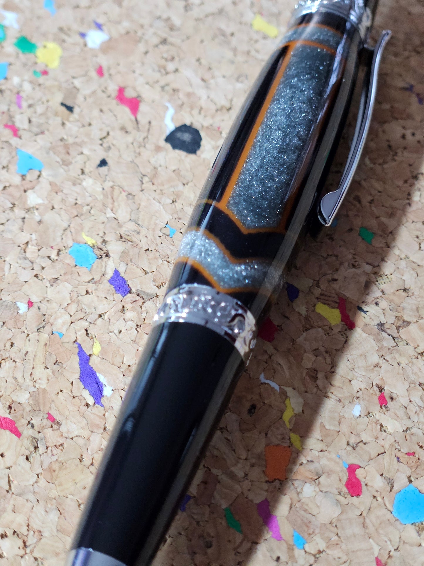 Glittery Silver and Grey Swirled Resin with Rustic Orange Chevrons "Gisi Style" a Black Body and Chrome with Black Accents Pen Kit