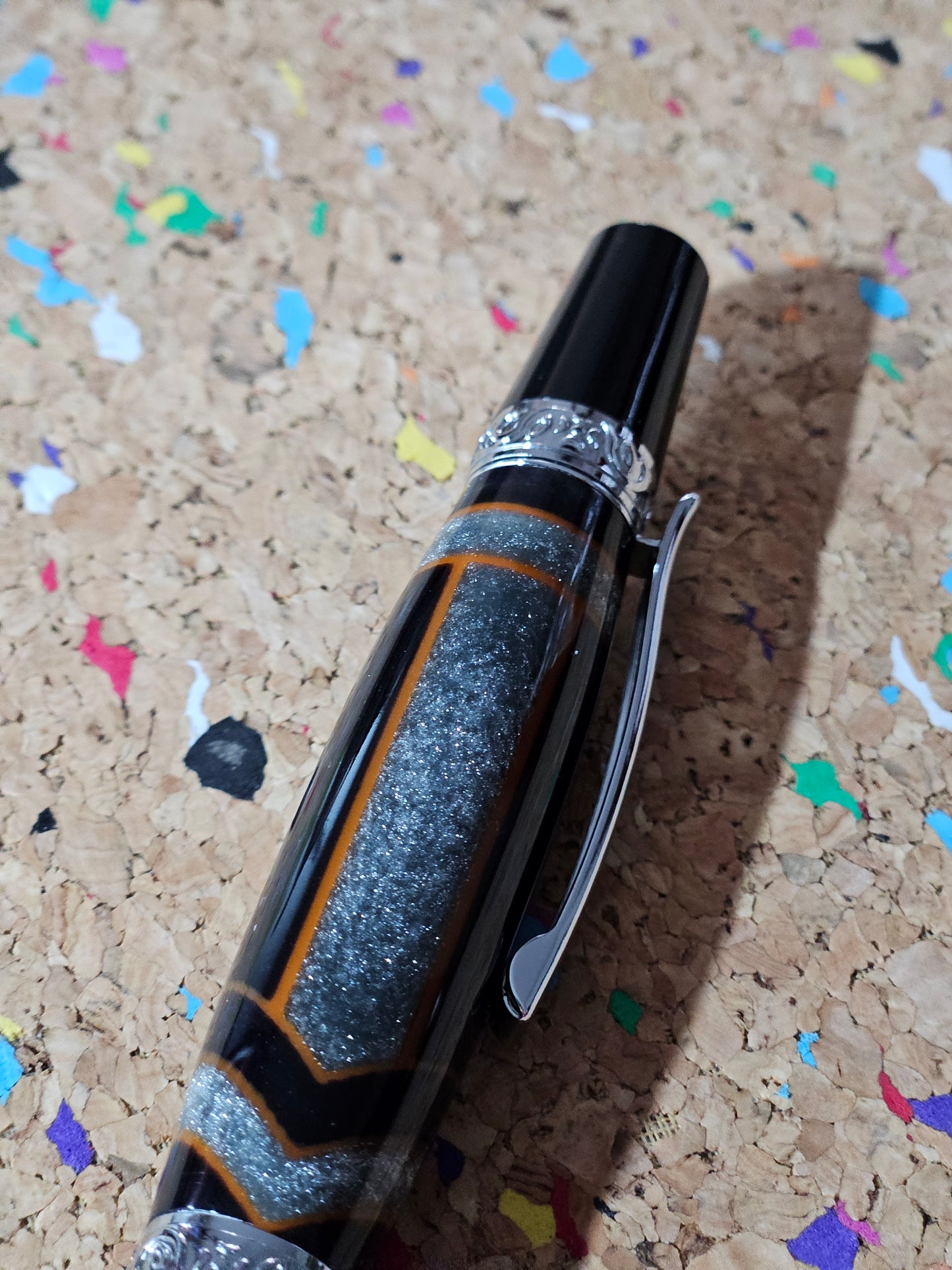 Glittery Silver and Grey Swirled Resin with Rustic Orange Chevrons "Gisi Style" a Black Body and Chrome with Black Accents Pen Kit