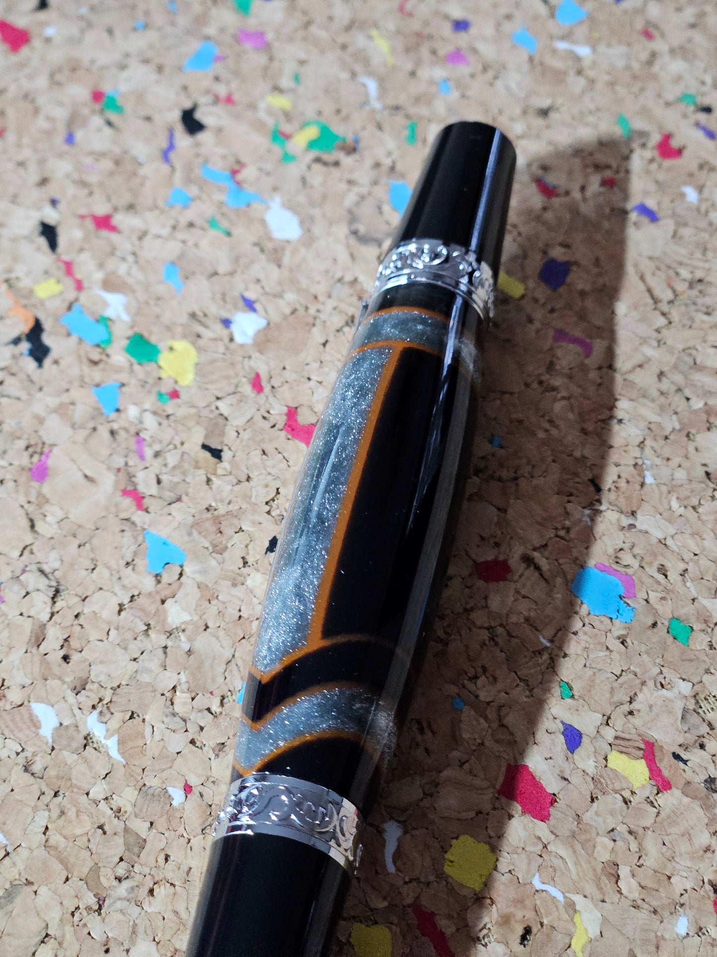 Glittery Silver and Grey Swirled Resin with Rustic Orange Chevrons "Gisi Style" a Black Body and Chrome with Black Accents Pen Kit