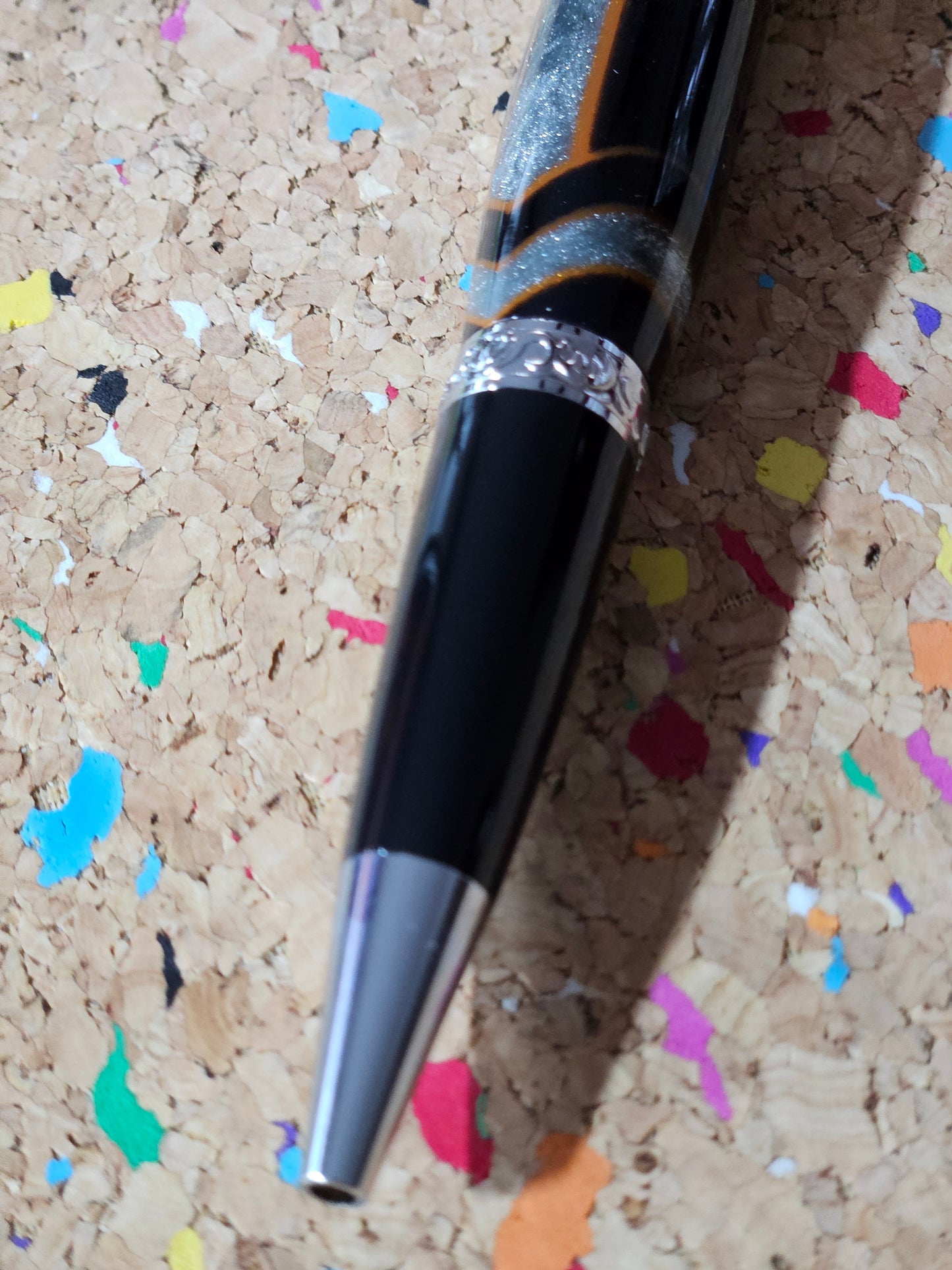 Glittery Silver and Grey Swirled Resin with Rustic Orange Chevrons "Gisi Style" a Black Body and Chrome with Black Accents Pen Kit