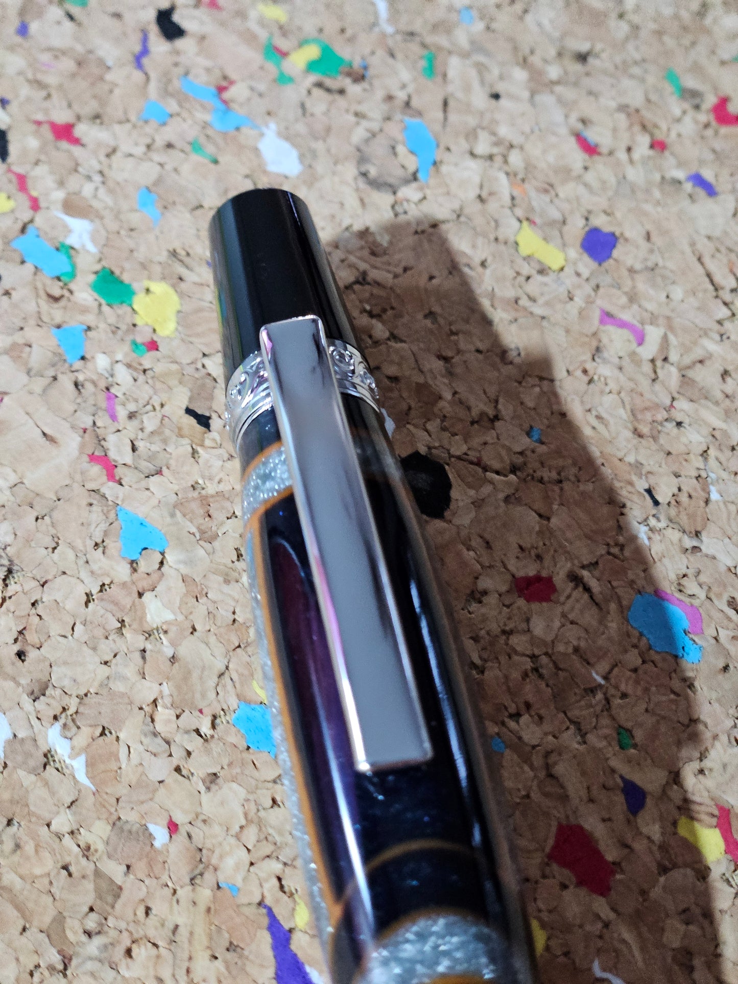 Glittery Silver and Grey Swirled Resin with Rustic Orange Chevrons "Gisi Style" a Black Body and Chrome with Black Accents Pen Kit
