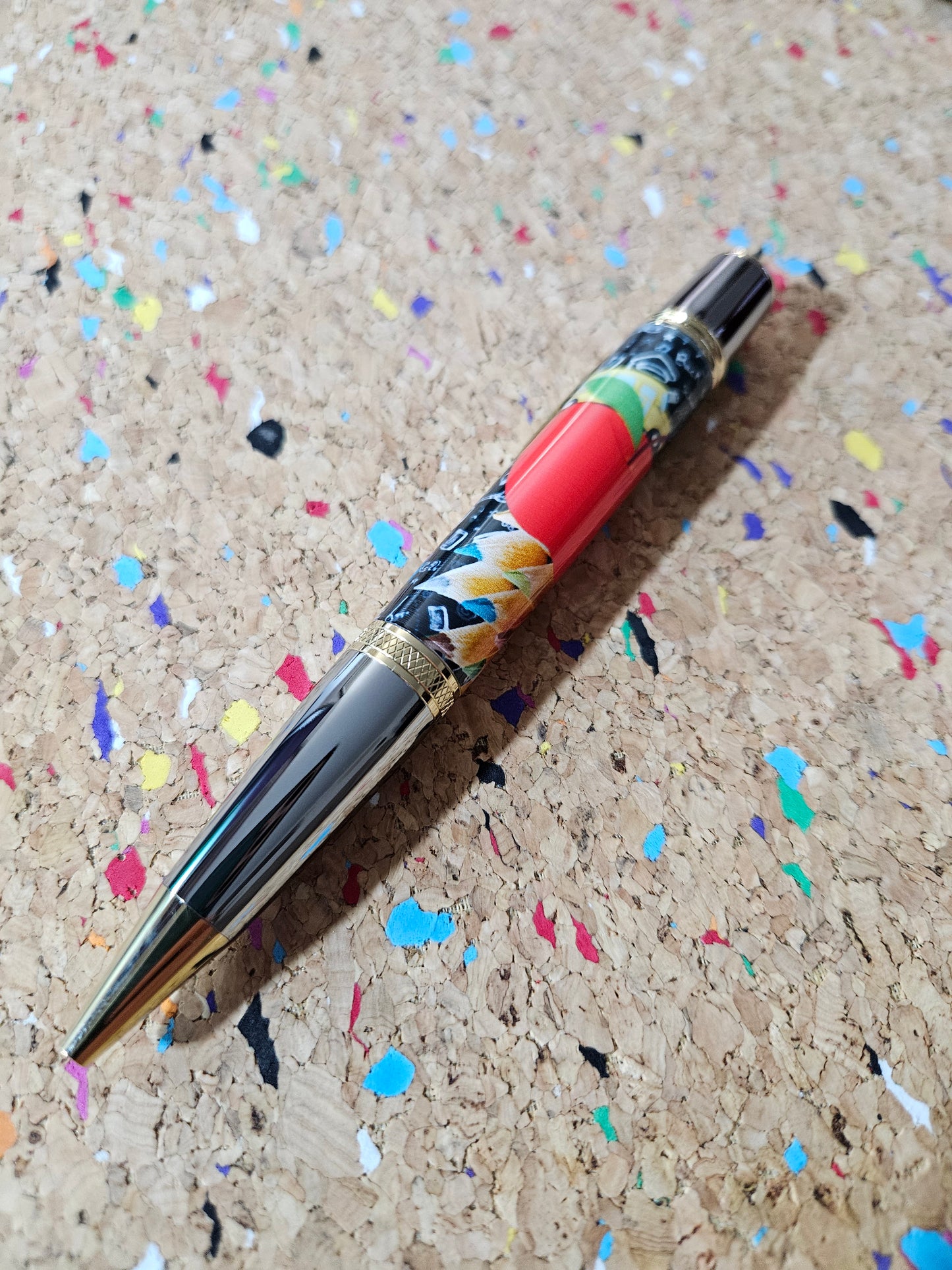 Teacher Celebration Pen Adorned with a Red Apple Label Cast and a Sleek Chrome Virage Pen Kit