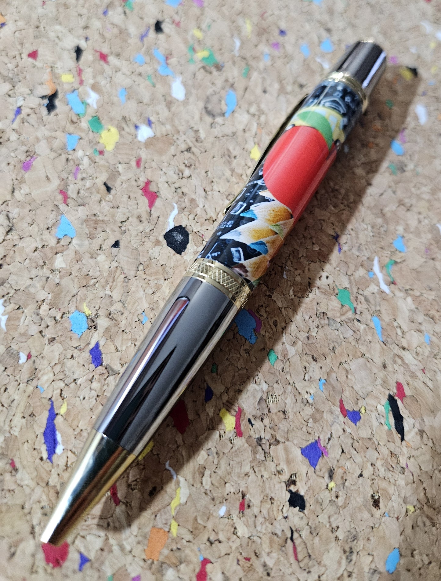 Teacher Celebration Pen Adorned with a Red Apple Label Cast and a Sleek Chrome Virage Pen Kit
