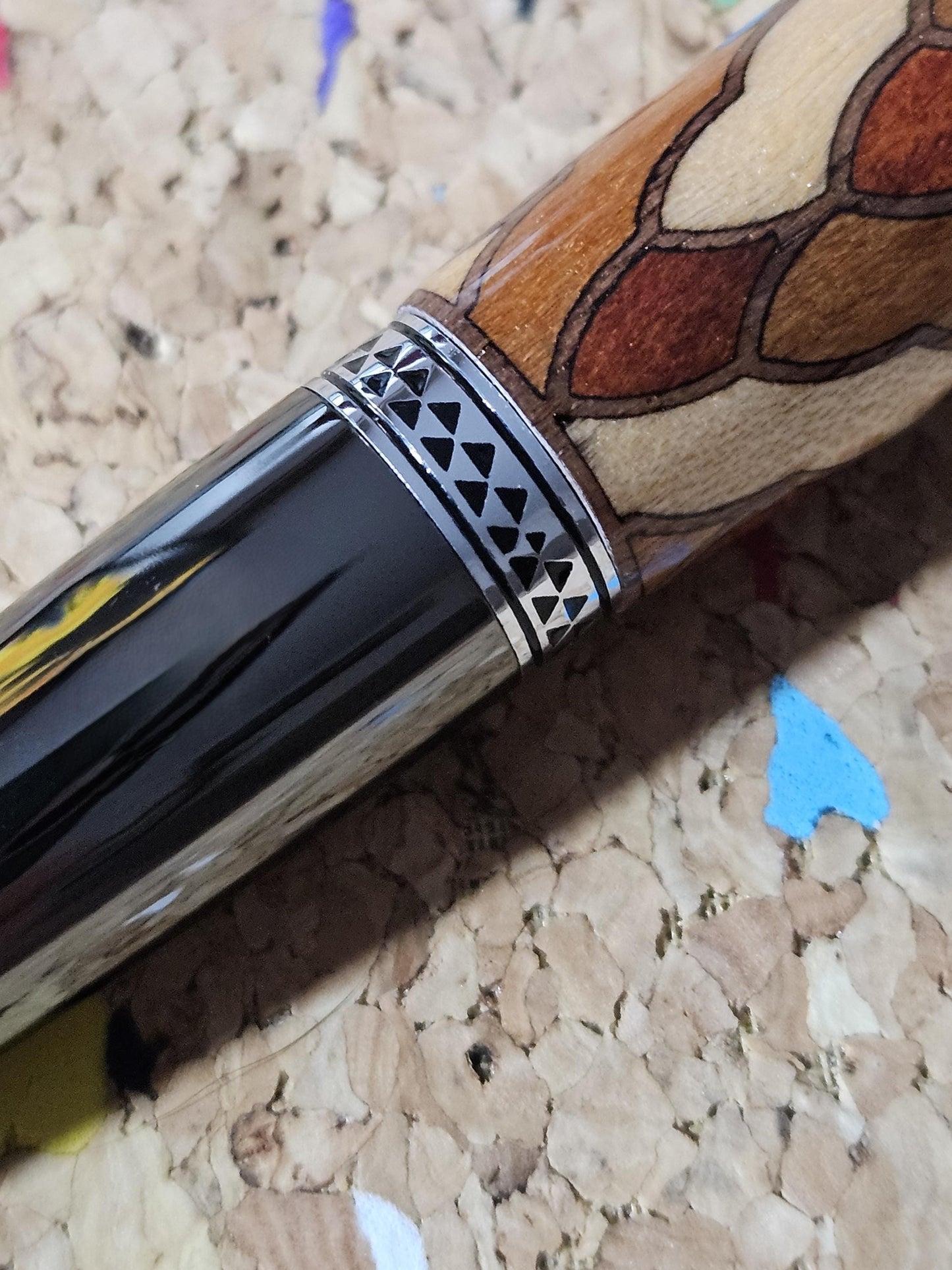 Cobb Brothers Scalloped Wooden Inlay Pen using Padauk, Mahogany, Maple, and Walnut Woods and Adorned with a Gunmetal and Chrome Pen Kit