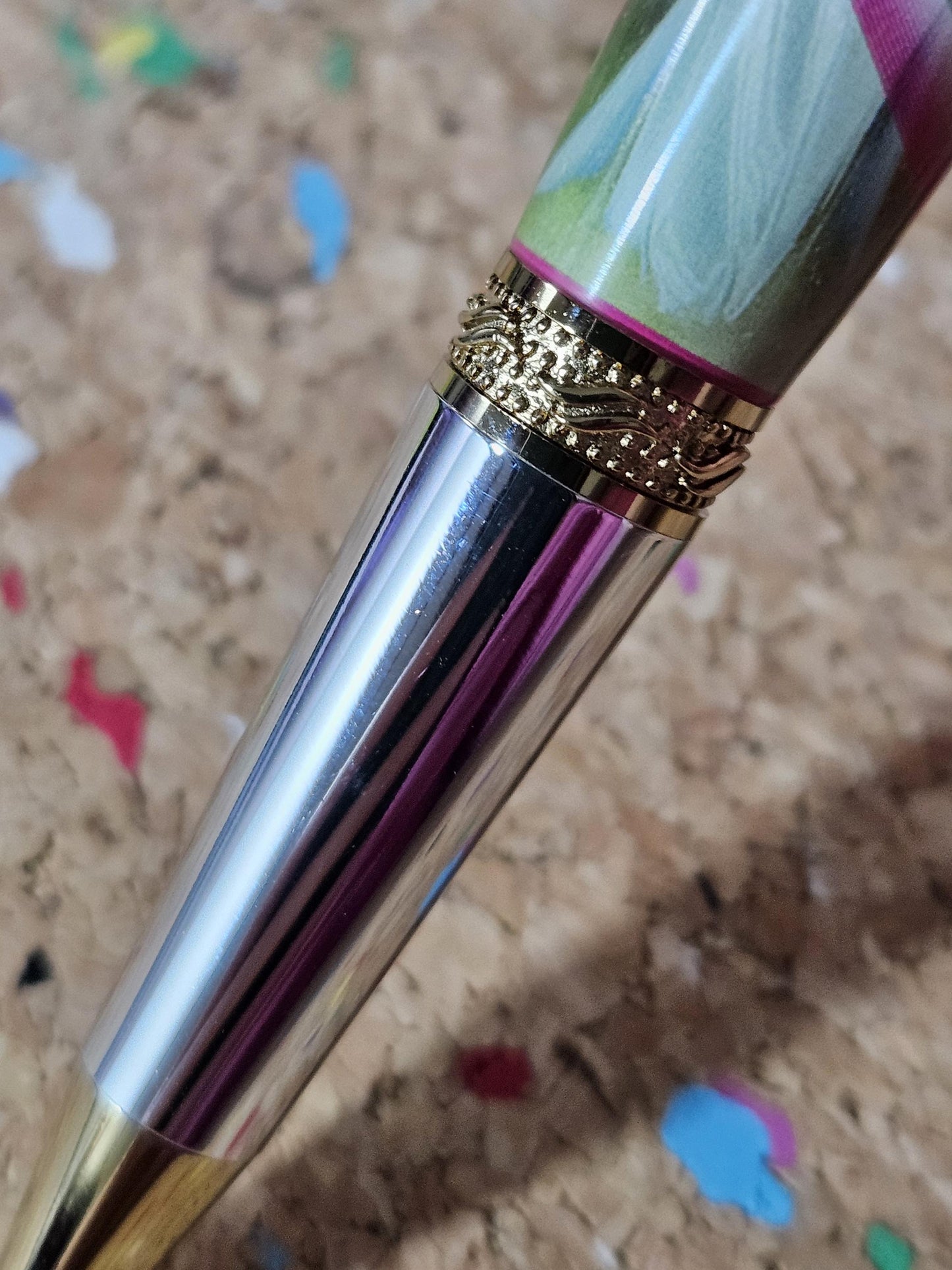 Breast Cancer Awareness Angel Label Cast Pen with Chrome and Gold Accents and a Zirconium Gem in the Clip