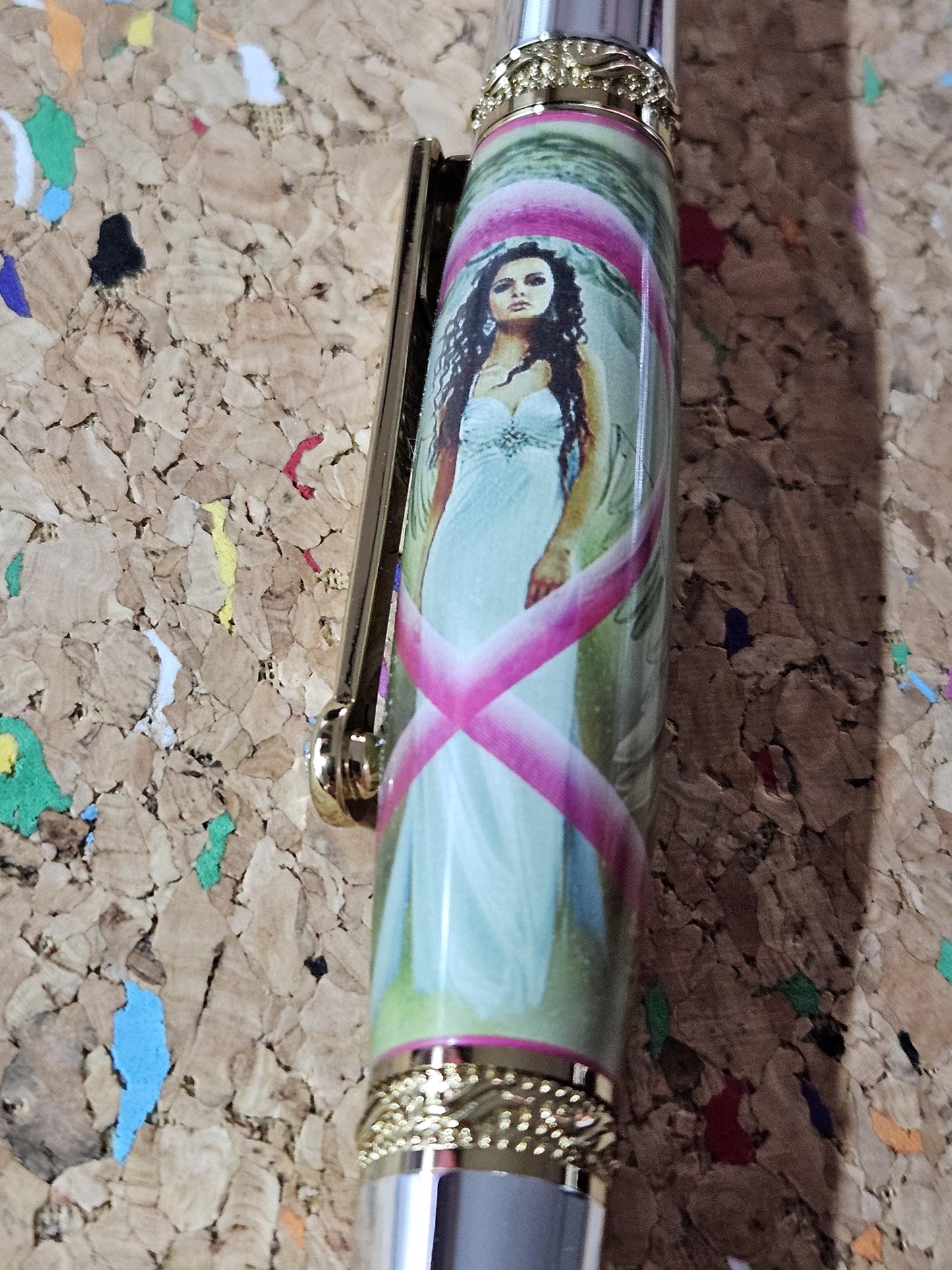 Breast Cancer Awareness Angel Label Cast Pen with Chrome and Gold Accents and a Zirconium Gem in the Clip