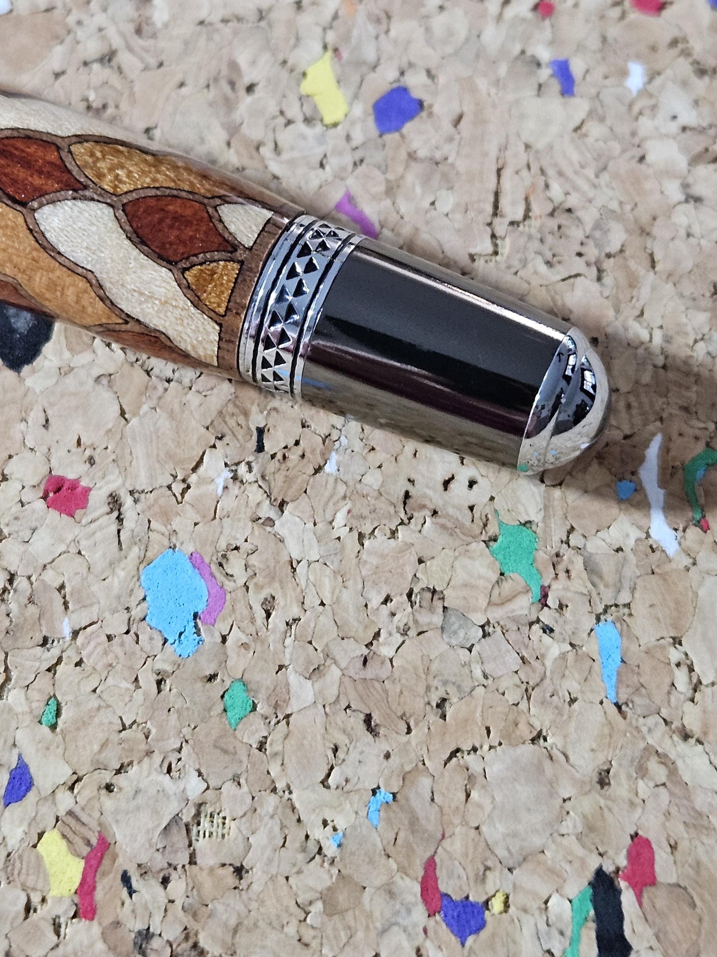 Cobb Brothers Scalloped Wooden Inlay Pen using Padauk, Mahogany, Maple, and Walnut Woods and Adorned with a Gunmetal and Chrome Pen Kit