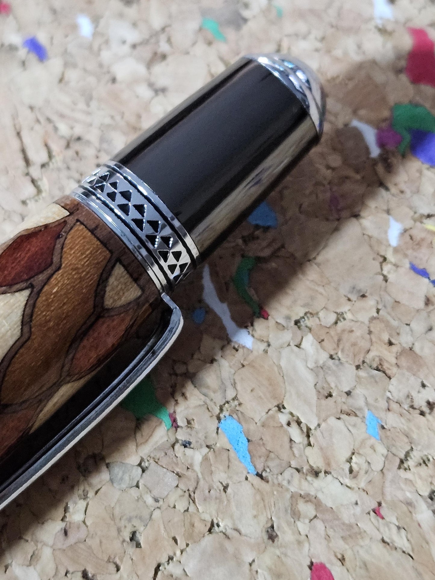 Cobb Brothers Scalloped Wooden Inlay Pen using Padauk, Mahogany, Maple, and Walnut Woods and Adorned with a Gunmetal and Chrome Pen Kit
