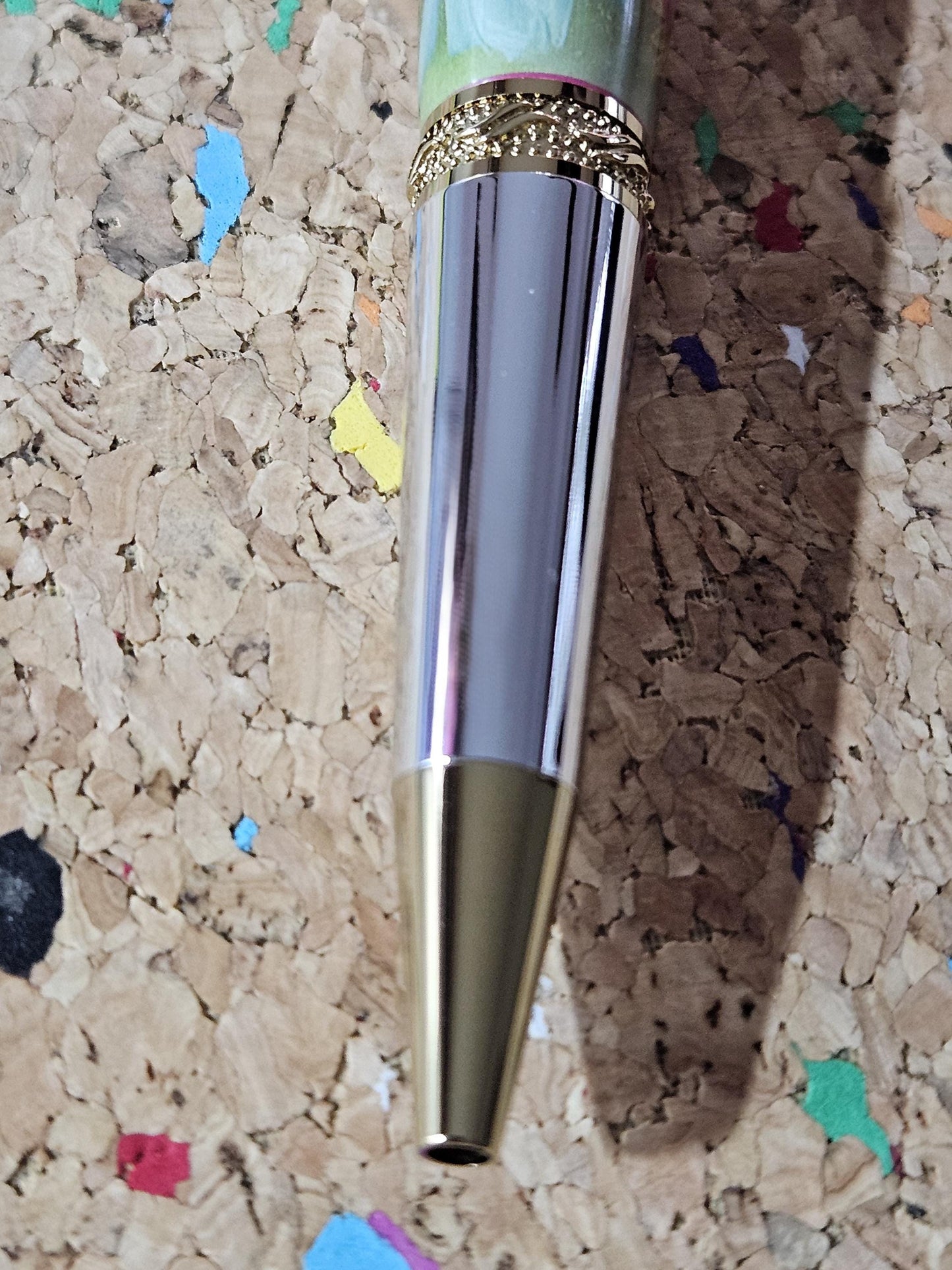 Breast Cancer Awareness Angel Label Cast Pen with Chrome and Gold Accents and a Zirconium Gem in the Clip
